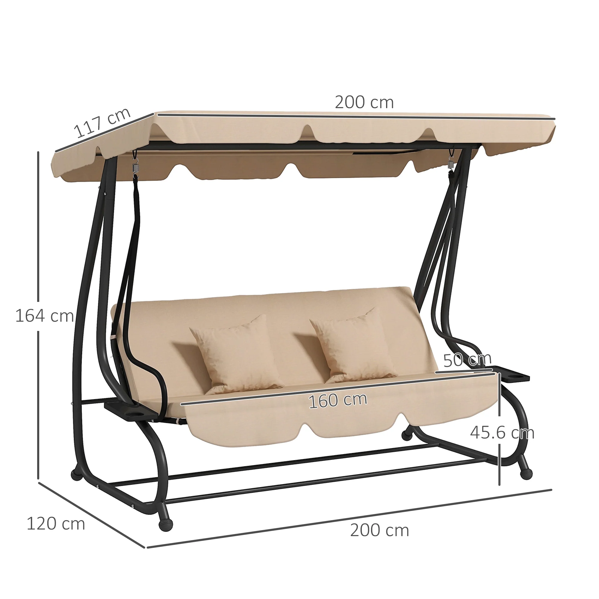 2-in-1 Garden Swing Seat Bed w/ Tilting Canopy, Cushioned Seat and 2 Pillows, Light Brown - Image 5