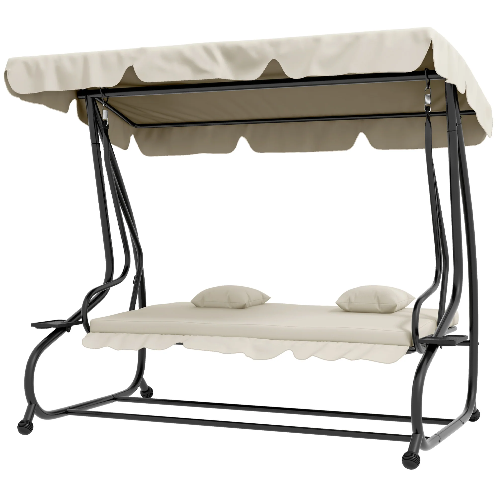 2-in-1 Garden Swing Seat Bed w/ Tilting Canopy, Cushioned Seat and 2 Pillows, Cream White - Image 2
