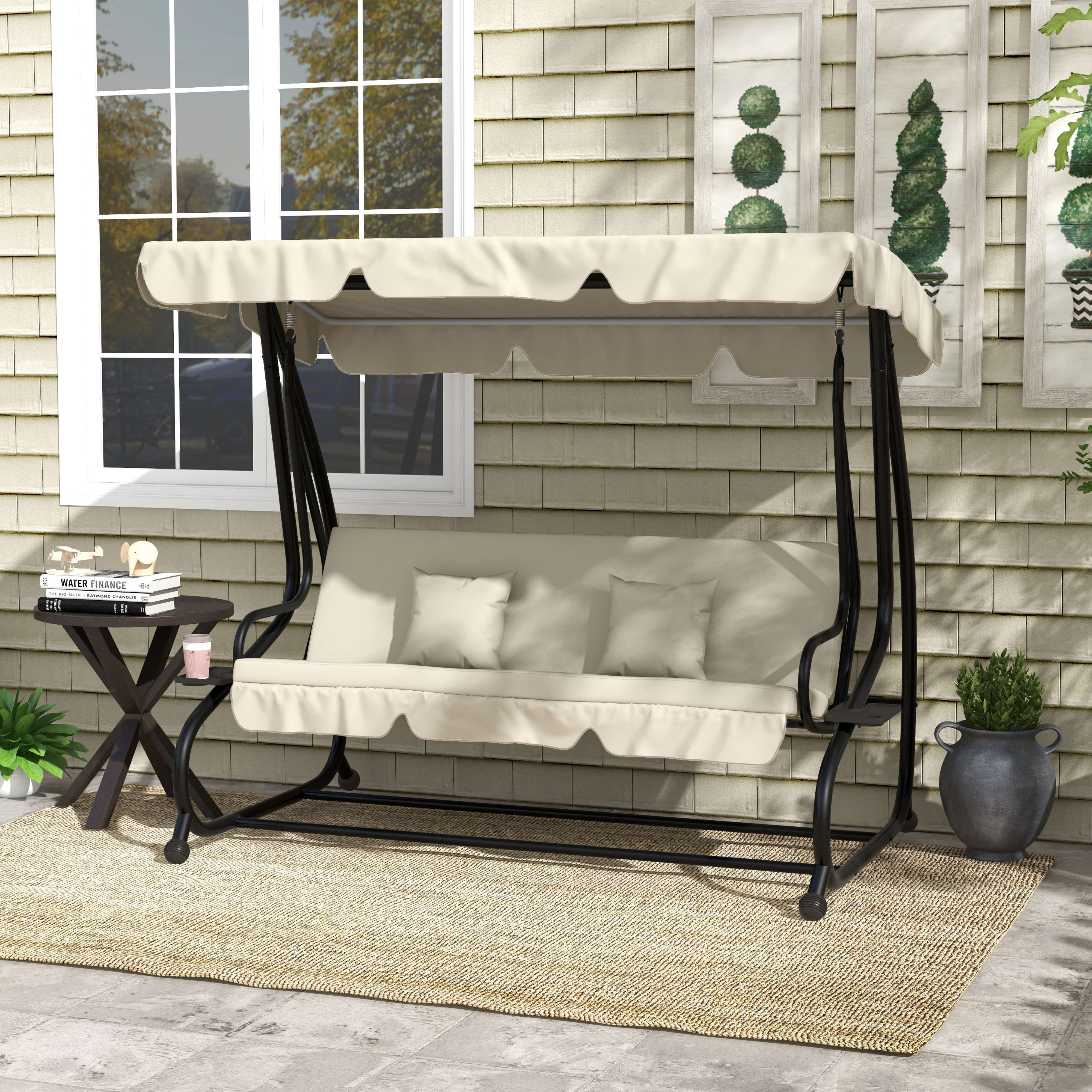 2-in-1 Garden Swing Seat Bed w/ Tilting Canopy, Cushioned Seat and 2 Pillows, Cream White - Image 3