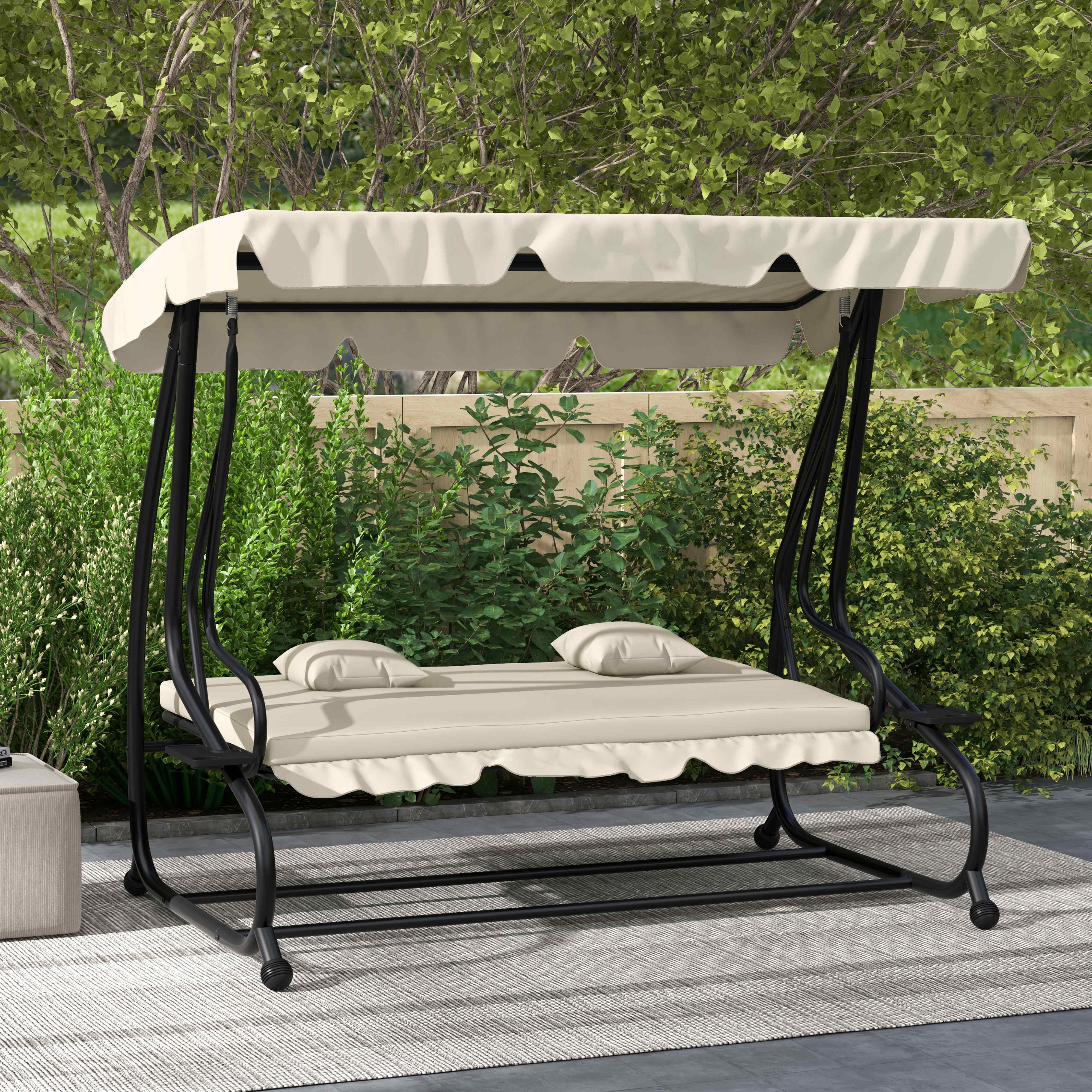 2-in-1 Garden Swing Seat Bed w/ Tilting Canopy, Cushioned Seat and 2 Pillows, Cream White - Image 4