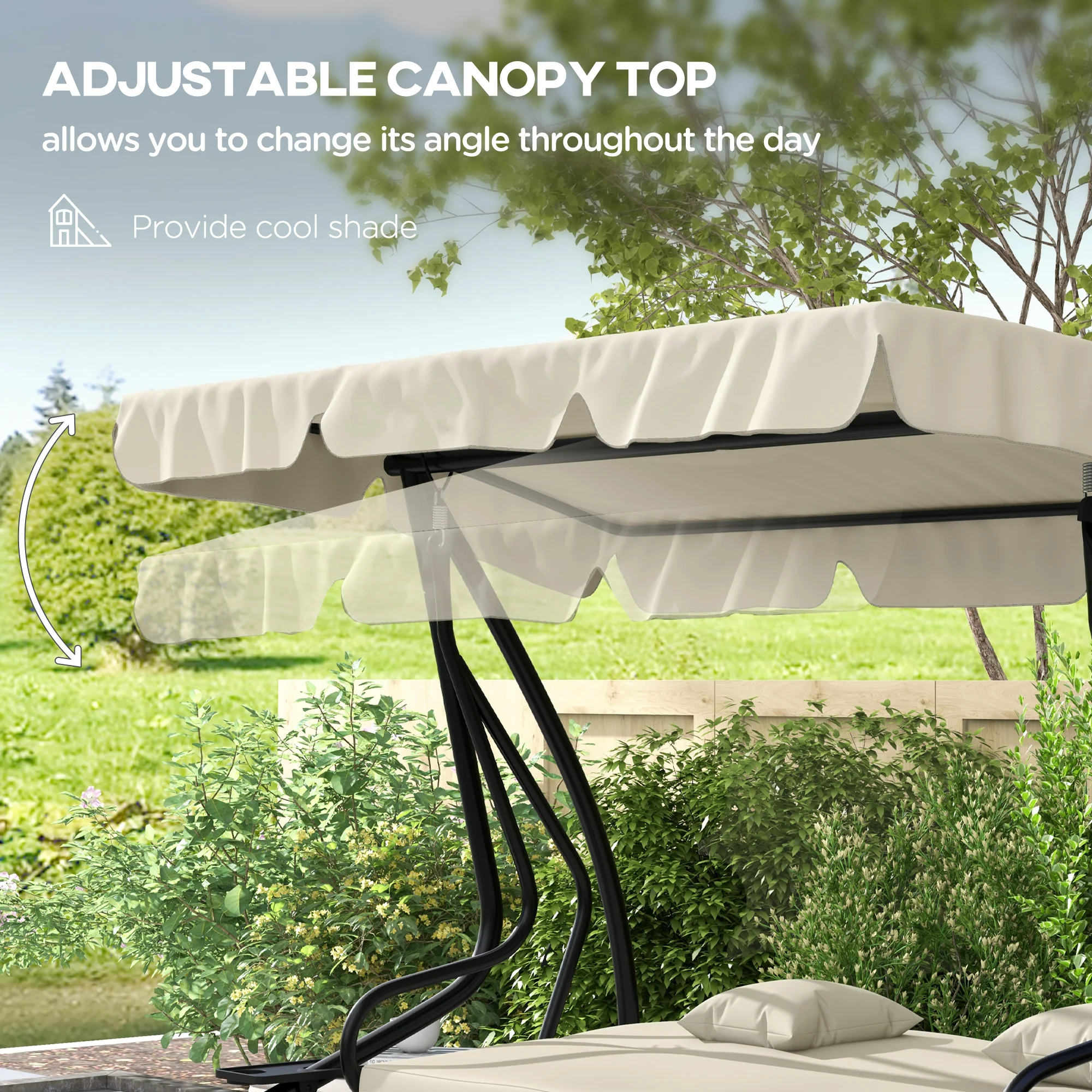 2-in-1 Garden Swing Seat Bed w/ Tilting Canopy, Cushioned Seat and 2 Pillows, Cream White - Image 7