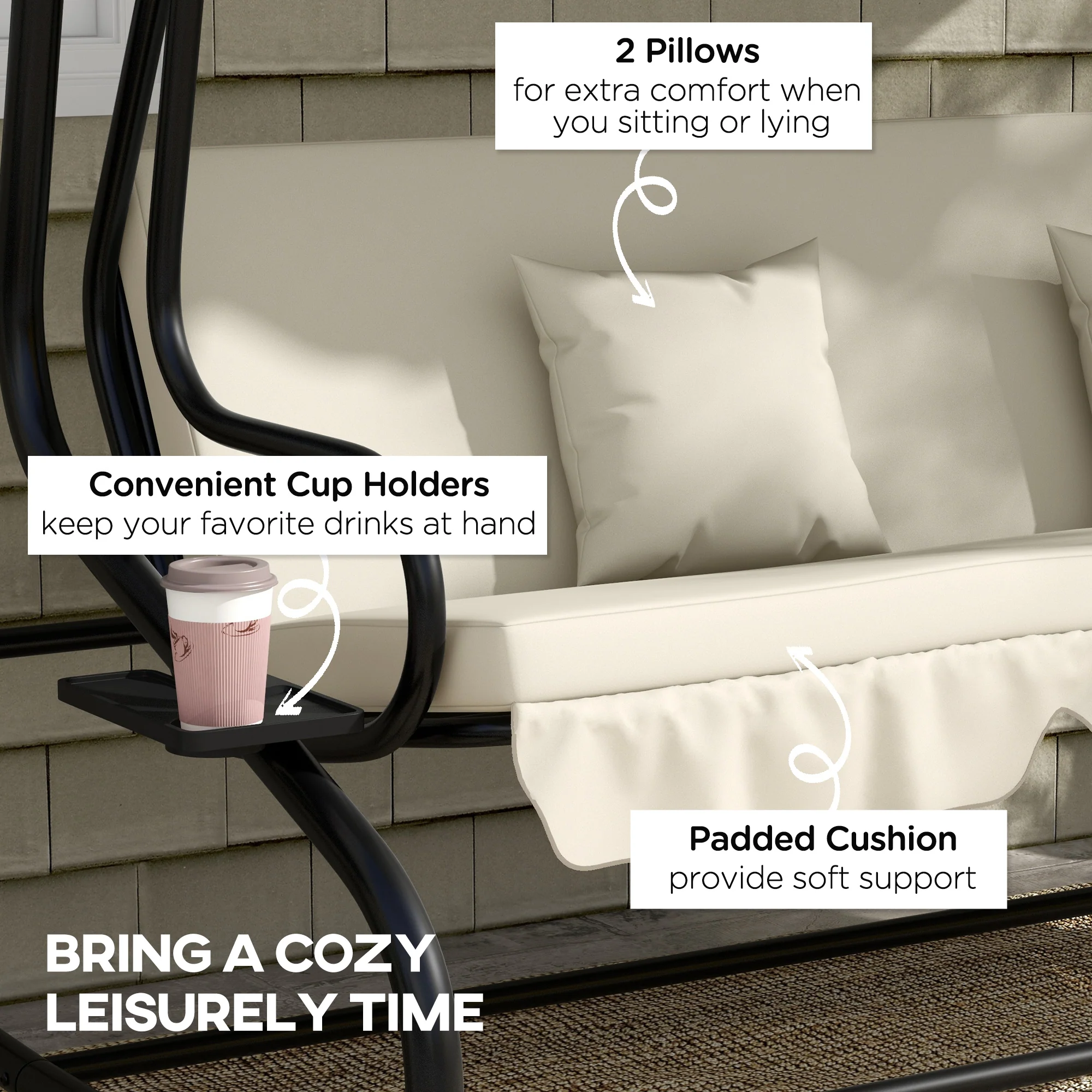 2-in-1 Garden Swing Seat Bed w/ Tilting Canopy, Cushioned Seat and 2 Pillows, Cream White - Image 9