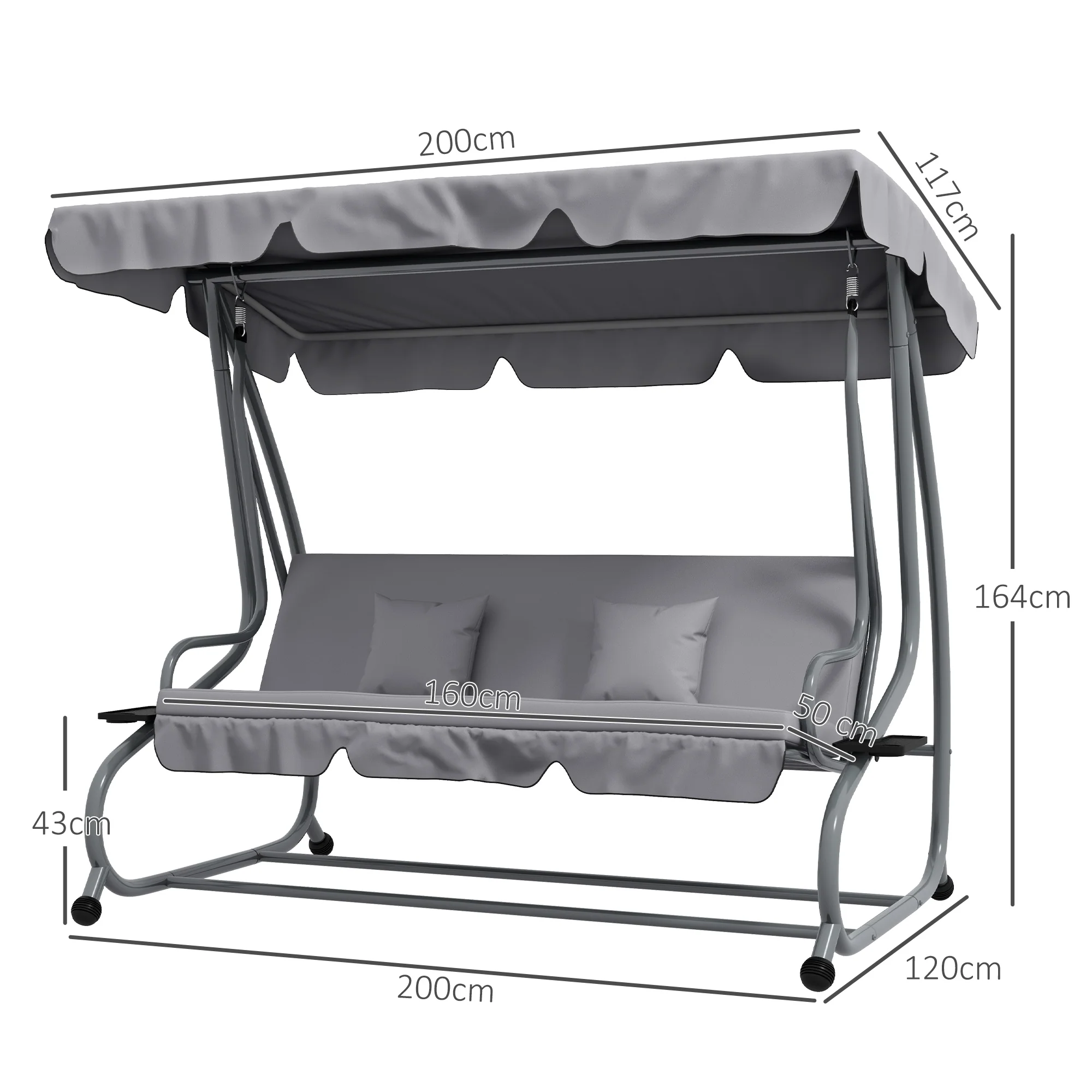2-in-1 Garden Swing Seat Bed w/ Tilting Canopy, Cushioned Seat and 2 Pillows, Light Grey - Image 5