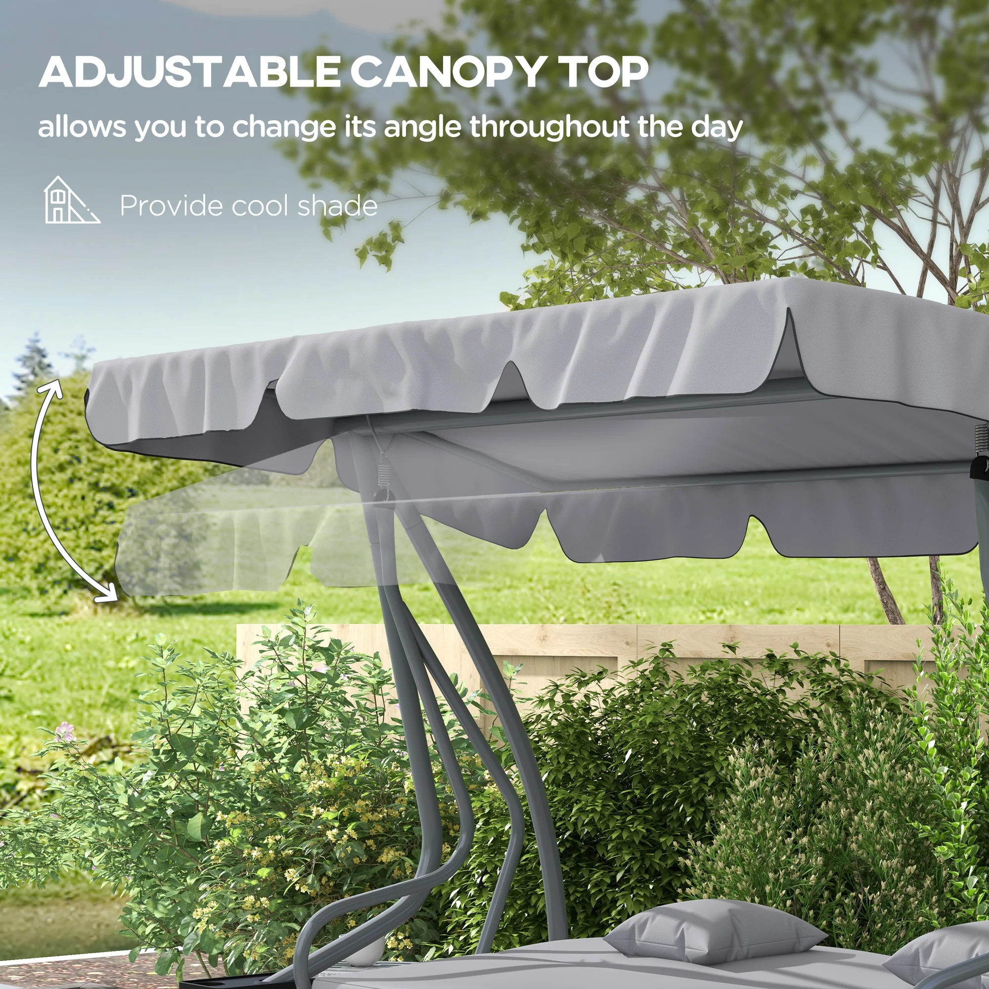 2-in-1 Garden Swing Seat Bed w/ Tilting Canopy, Cushioned Seat and 2 Pillows, Light Grey - Image 7