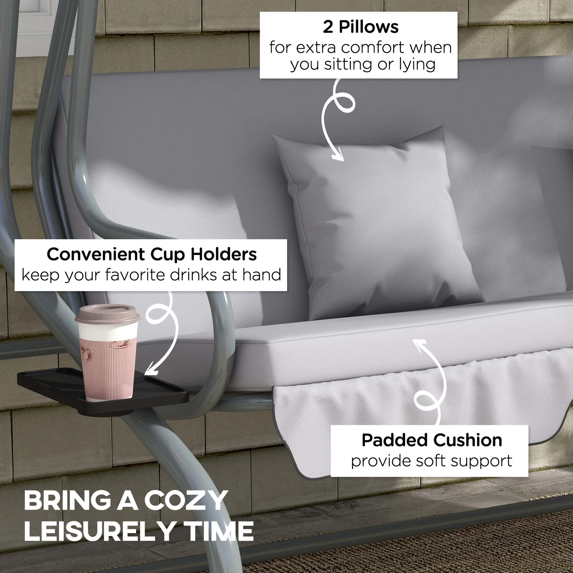 2-in-1 Garden Swing Seat Bed w/ Tilting Canopy, Cushioned Seat and 2 Pillows, Light Grey - Image 9