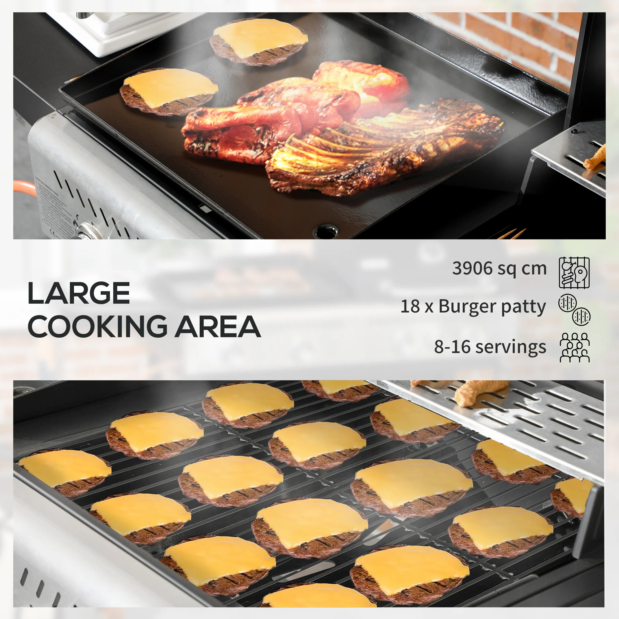 15kW 2-in-1 Deluxe Gas BBQ, with Grill, Plancha and Side Burner, Black - Image 7