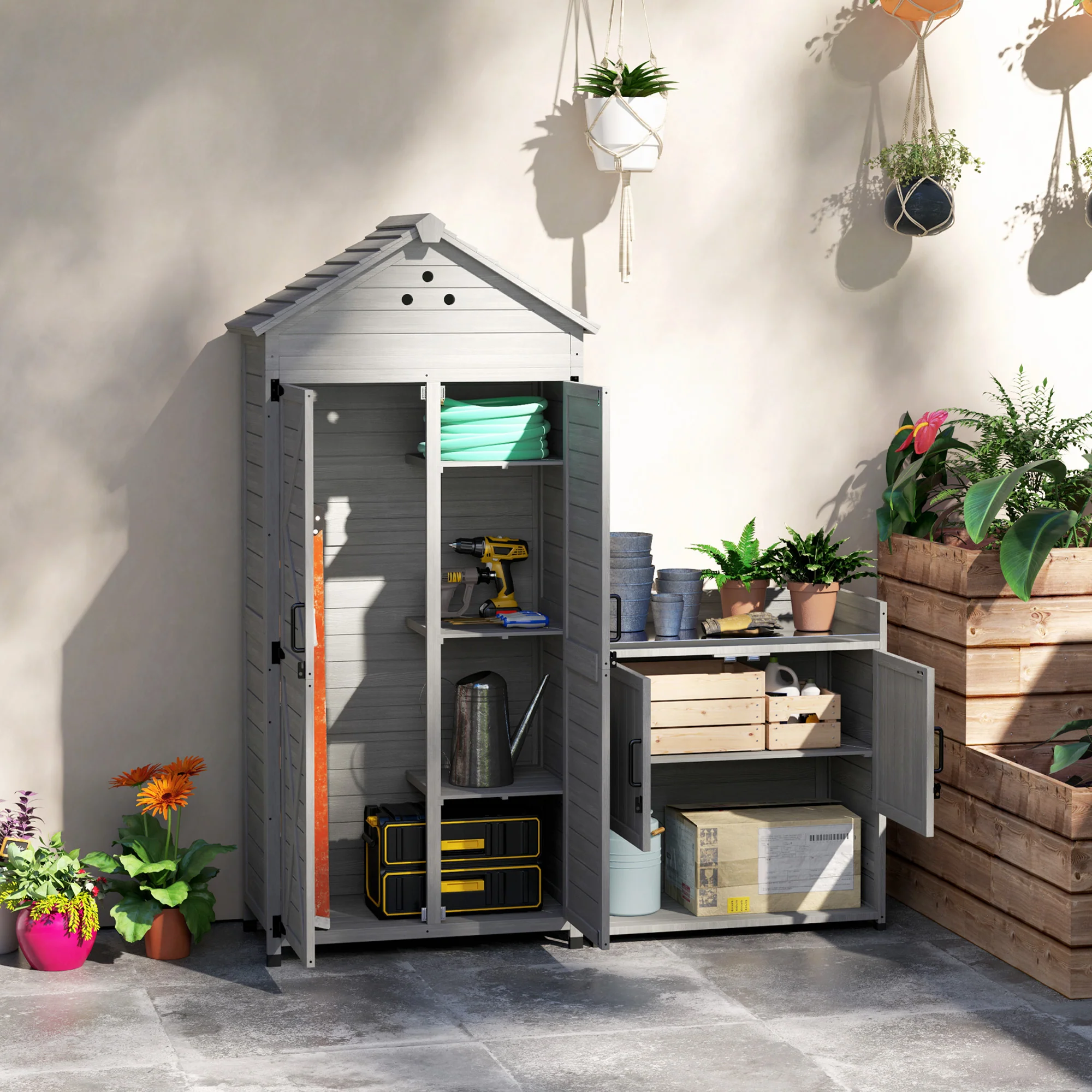 2 in 1 Wood Outdoor Storage Cabinet with Shelves & Latch Doors, Light Grey - Image 3