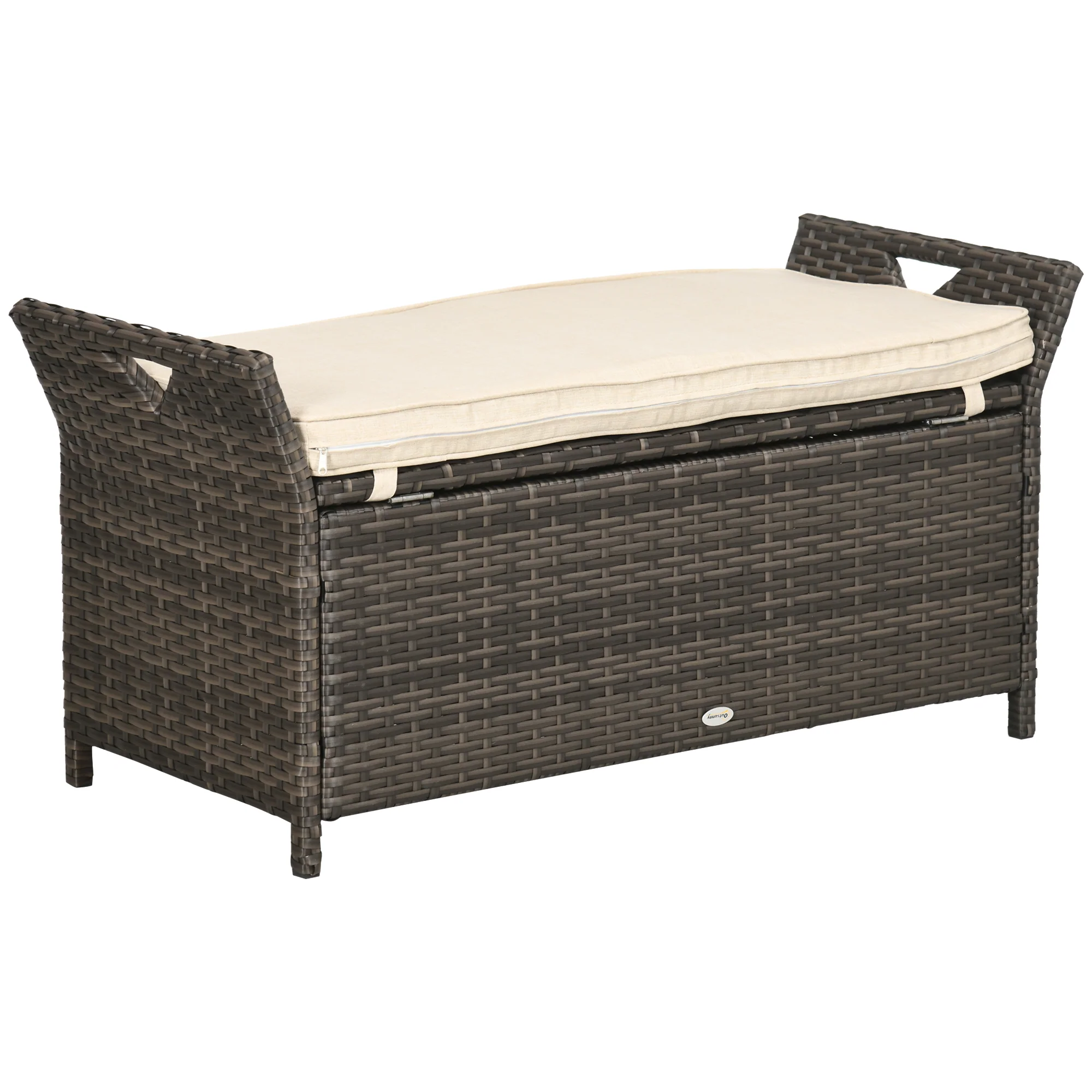 2-In-1 PE Rattan Storage Bench, 29 Gallon Wicker Basket Box w/ Handles & Cushion, Cream