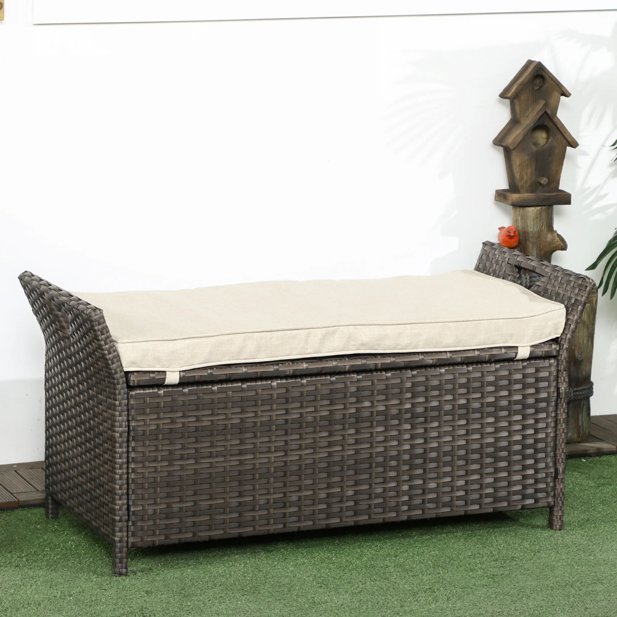2-In-1 PE Rattan Storage Bench, 29 Gallon Wicker Basket Box w/ Handles & Cushion, Cream - Image 3