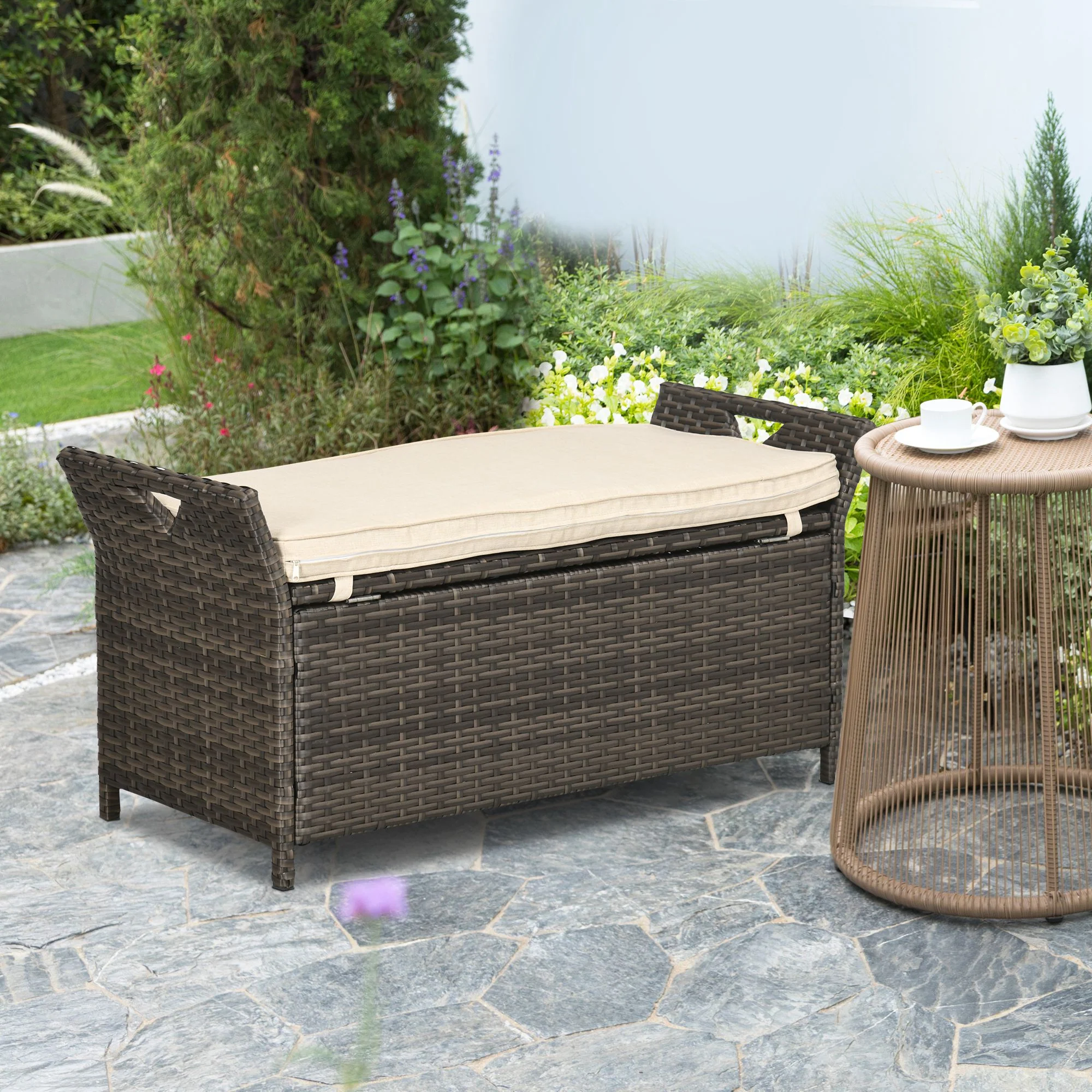 2-In-1 PE Rattan Storage Bench, 29 Gallon Wicker Basket Box w/ Handles & Cushion, Cream - Image 4