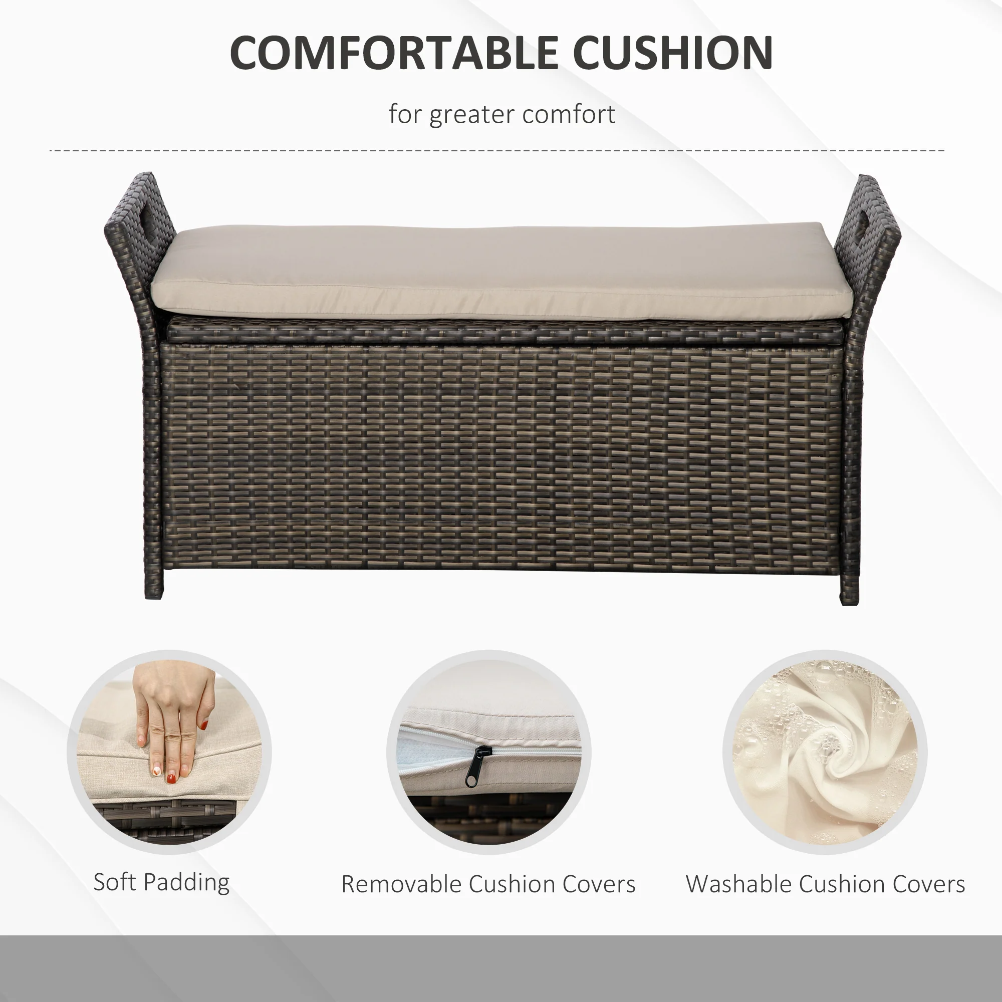 2-In-1 PE Rattan Storage Bench, 29 Gallon Wicker Basket Box w/ Handles & Cushion, Cream - Image 7