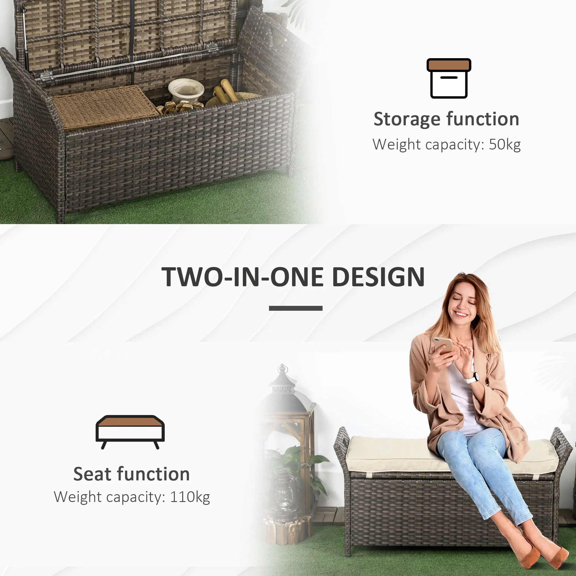 2-In-1 PE Rattan Storage Bench, 29 Gallon Wicker Basket Box w/ Handles & Cushion, Cream - Image 8