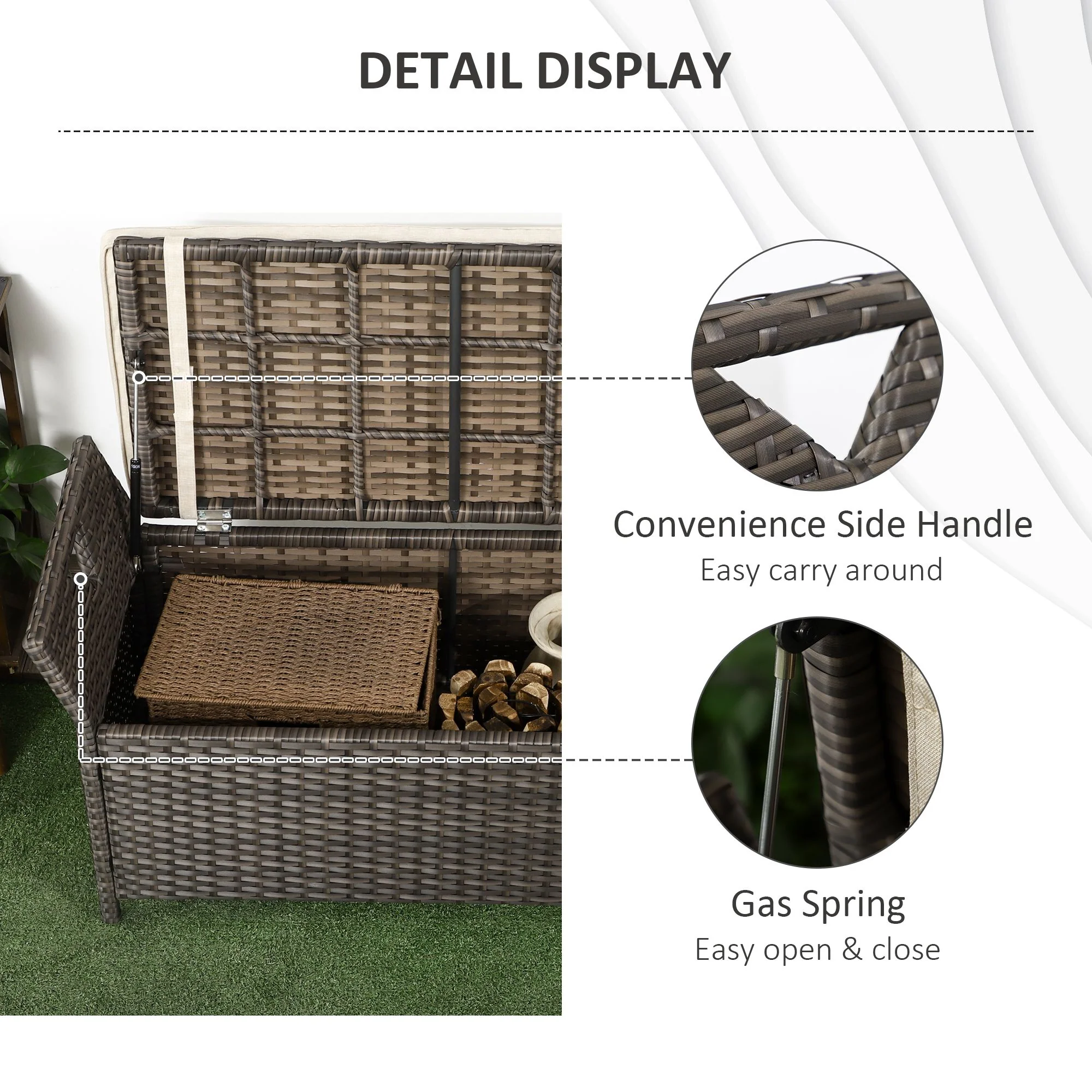 2-In-1 PE Rattan Storage Bench, 29 Gallon Wicker Basket Box w/ Handles & Cushion, Cream - Image 9