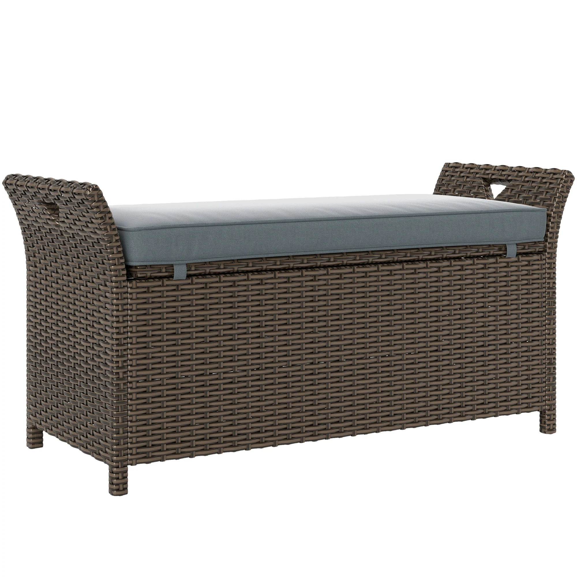 2-In-1 PE Rattan Storage Bench, 29 Gallon Wicker Basket Box w/ Handles & Cushion, Dark Grey