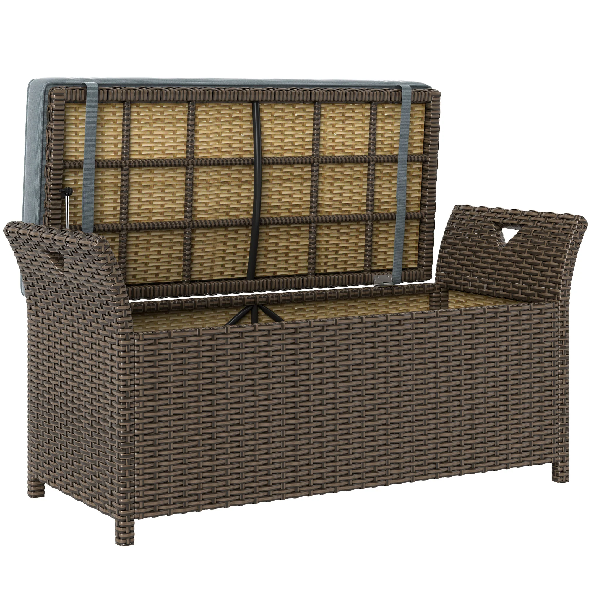 2-In-1 PE Rattan Storage Bench, 29 Gallon Wicker Basket Box w/ Handles & Cushion, Dark Grey - Image 2