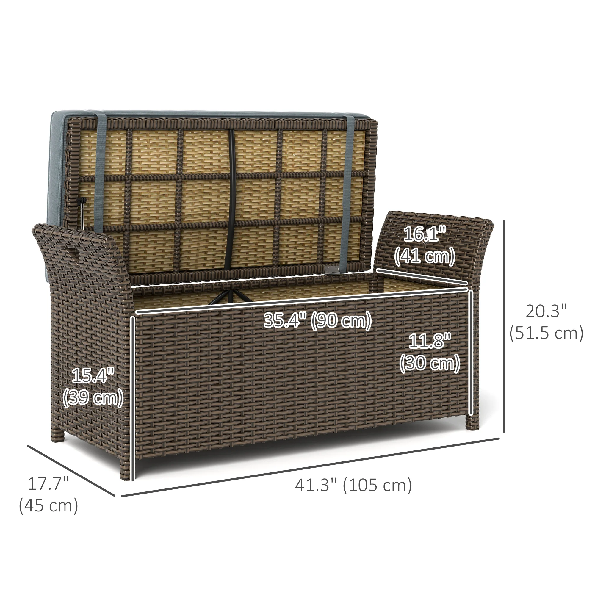 2-In-1 PE Rattan Storage Bench, 29 Gallon Wicker Basket Box w/ Handles & Cushion, Dark Grey - Image 5