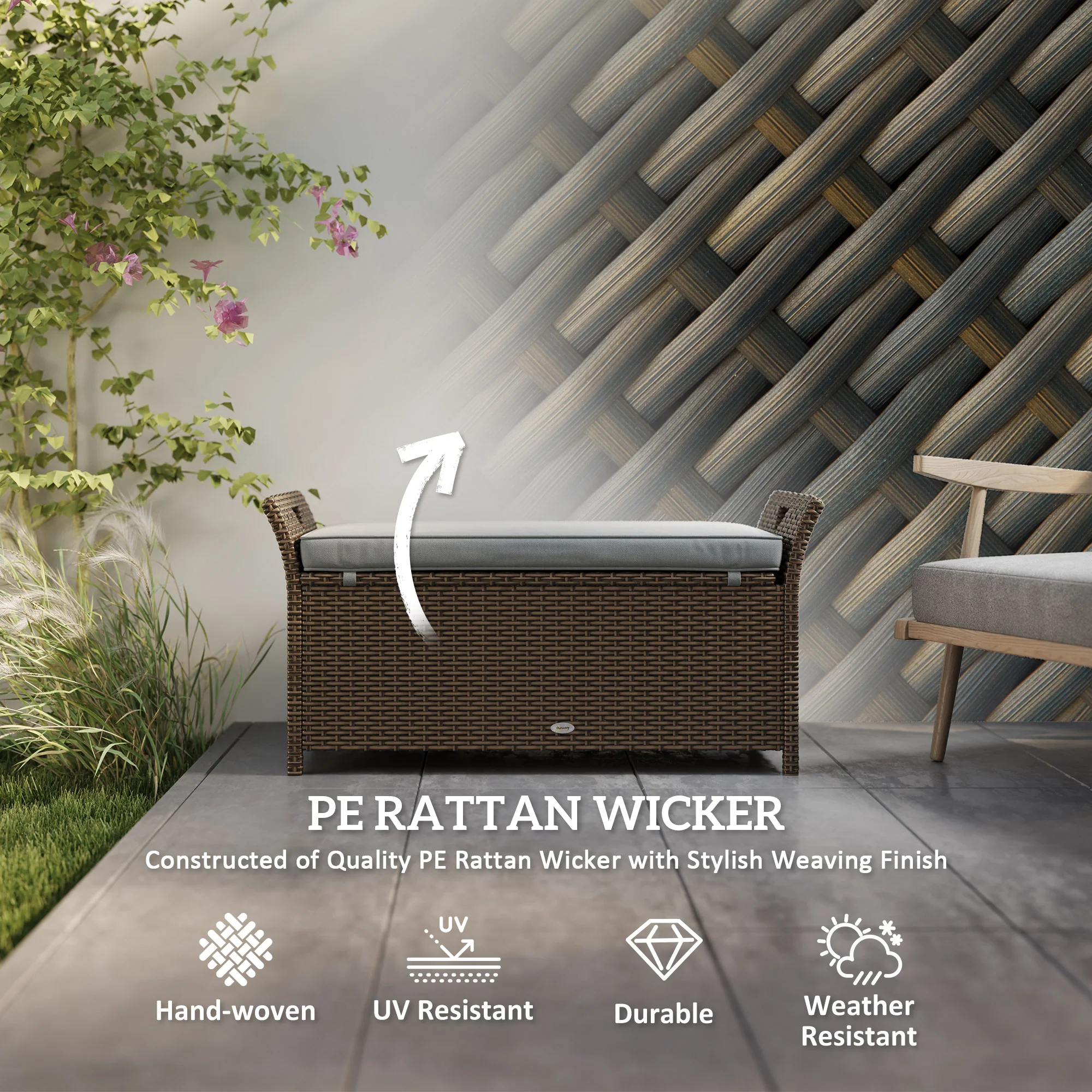 2-In-1 PE Rattan Storage Bench, 29 Gallon Wicker Basket Box w/ Handles & Cushion, Dark Grey - Image 6