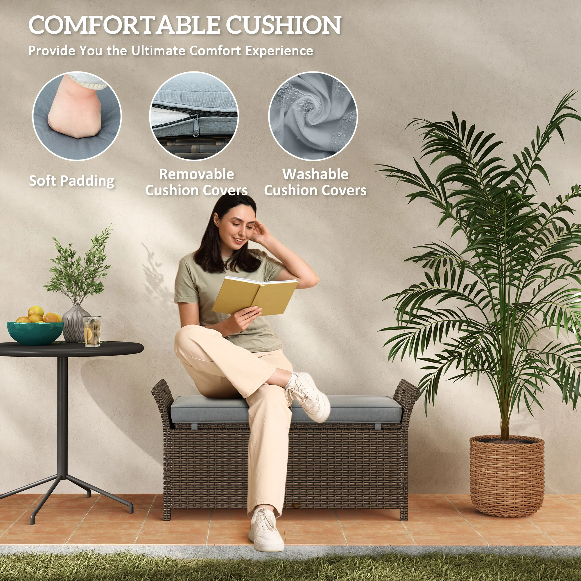 2-In-1 PE Rattan Storage Bench, 29 Gallon Wicker Basket Box w/ Handles & Cushion, Dark Grey - Image 7