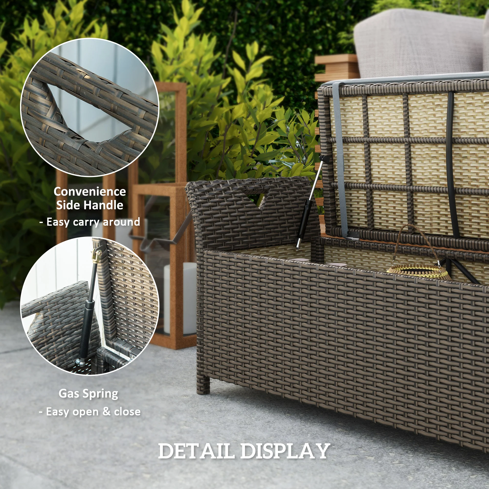 2-In-1 PE Rattan Storage Bench, 29 Gallon Wicker Basket Box w/ Handles & Cushion, Dark Grey - Image 9