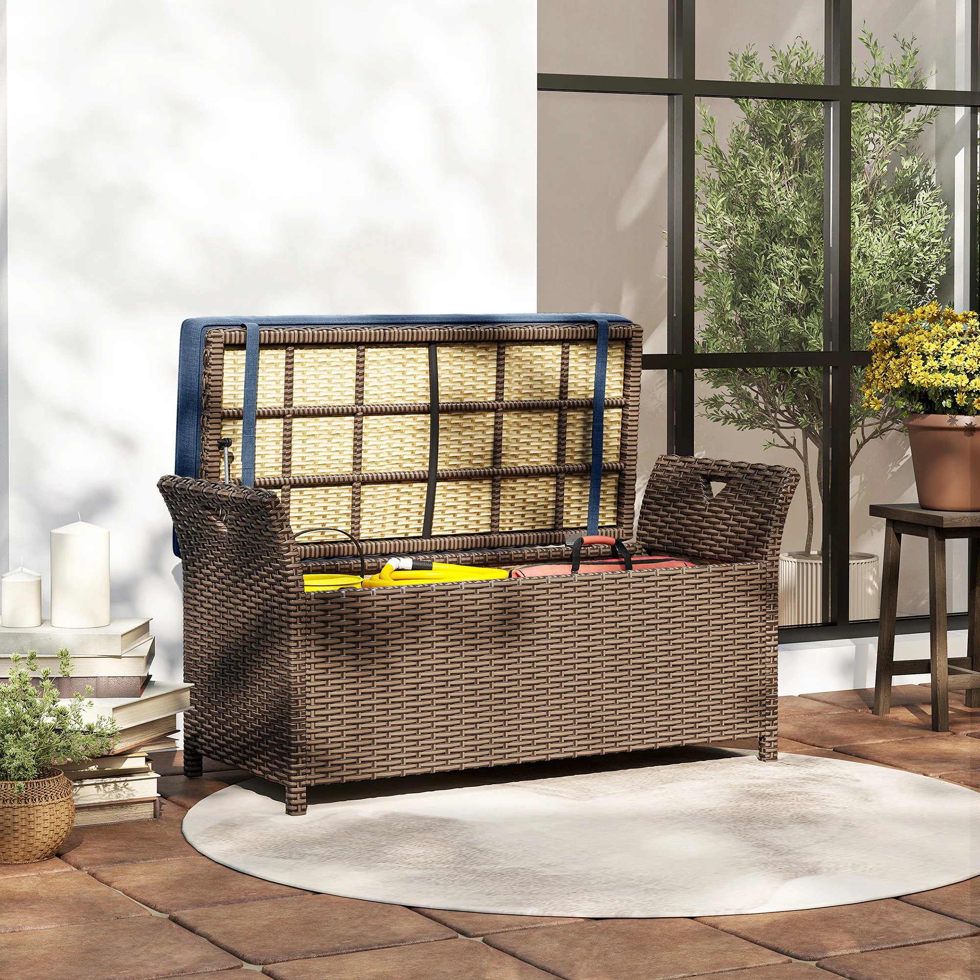 2-in-1 Patio Wicker Storage Bench, 29 Gallon with Cushion, Navy Blue - Image 10