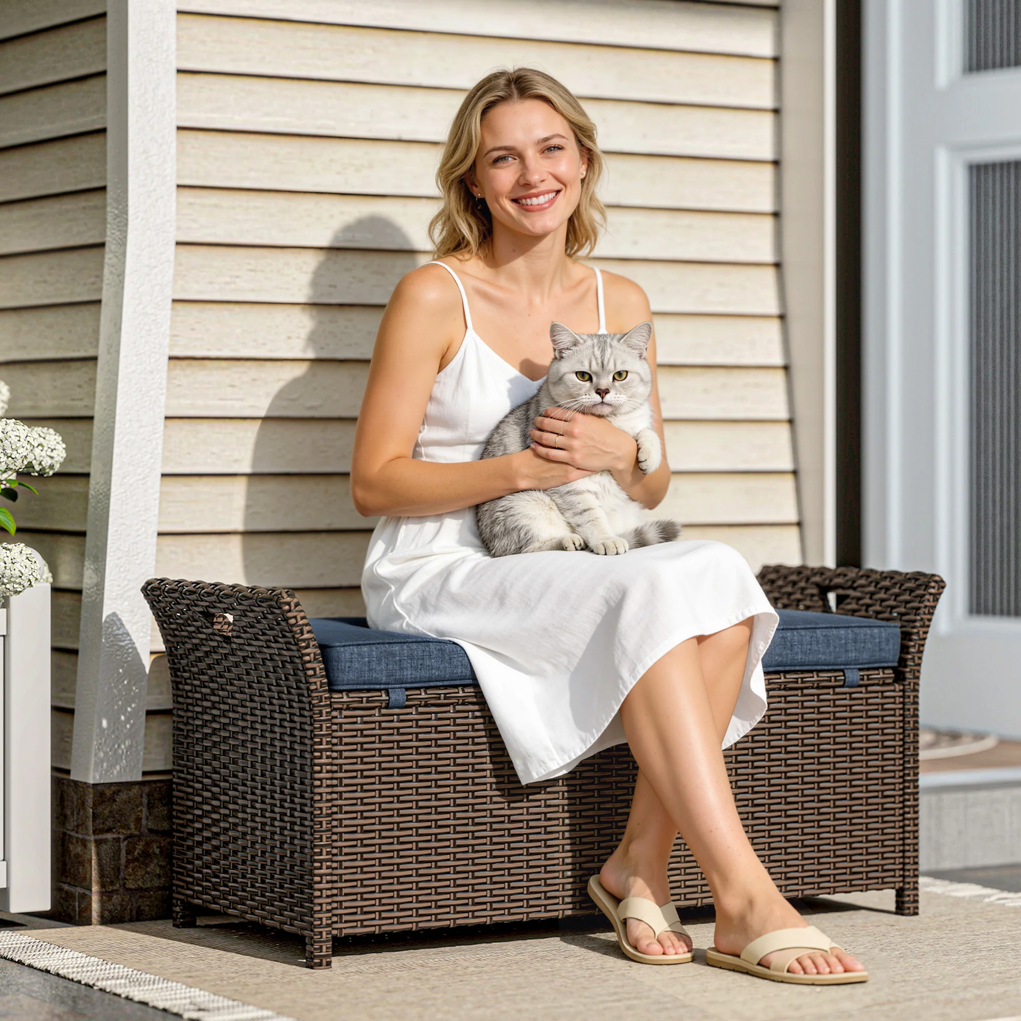 2-in-1 Patio Wicker Storage Bench, 29 Gallon with Cushion, Navy Blue - Image 11