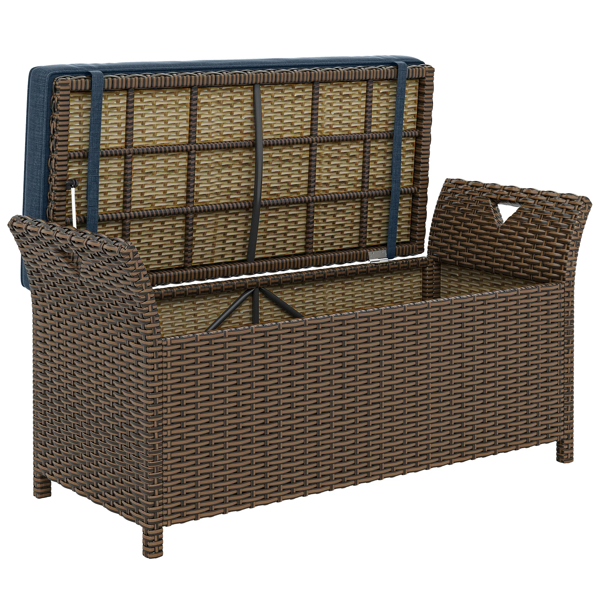 2-in-1 Patio Wicker Storage Bench, 29 Gallon with Cushion, Navy Blue - Image 12