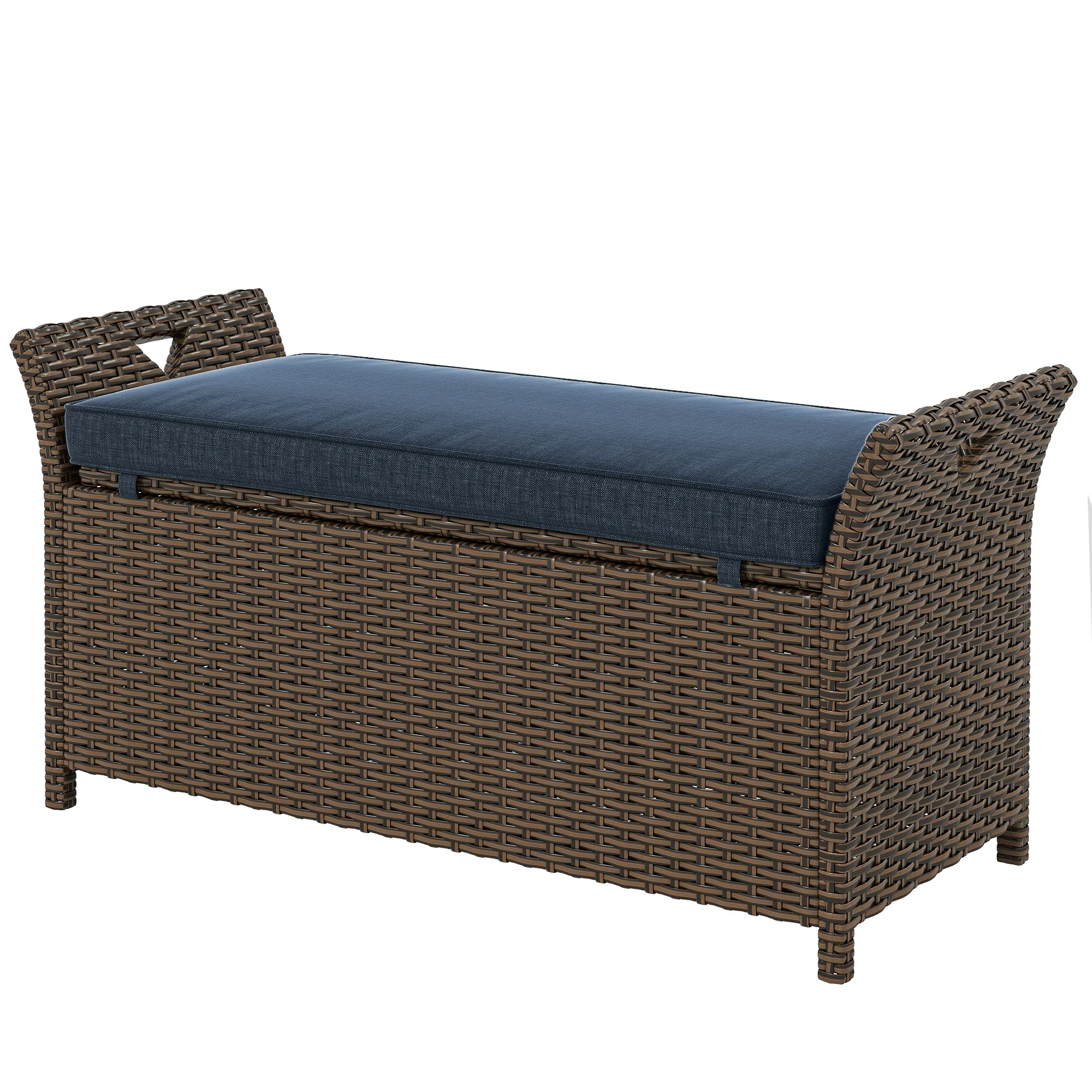 2-in-1 Patio Wicker Storage Bench, 29 Gallon with Cushion, Navy Blue - Image 2