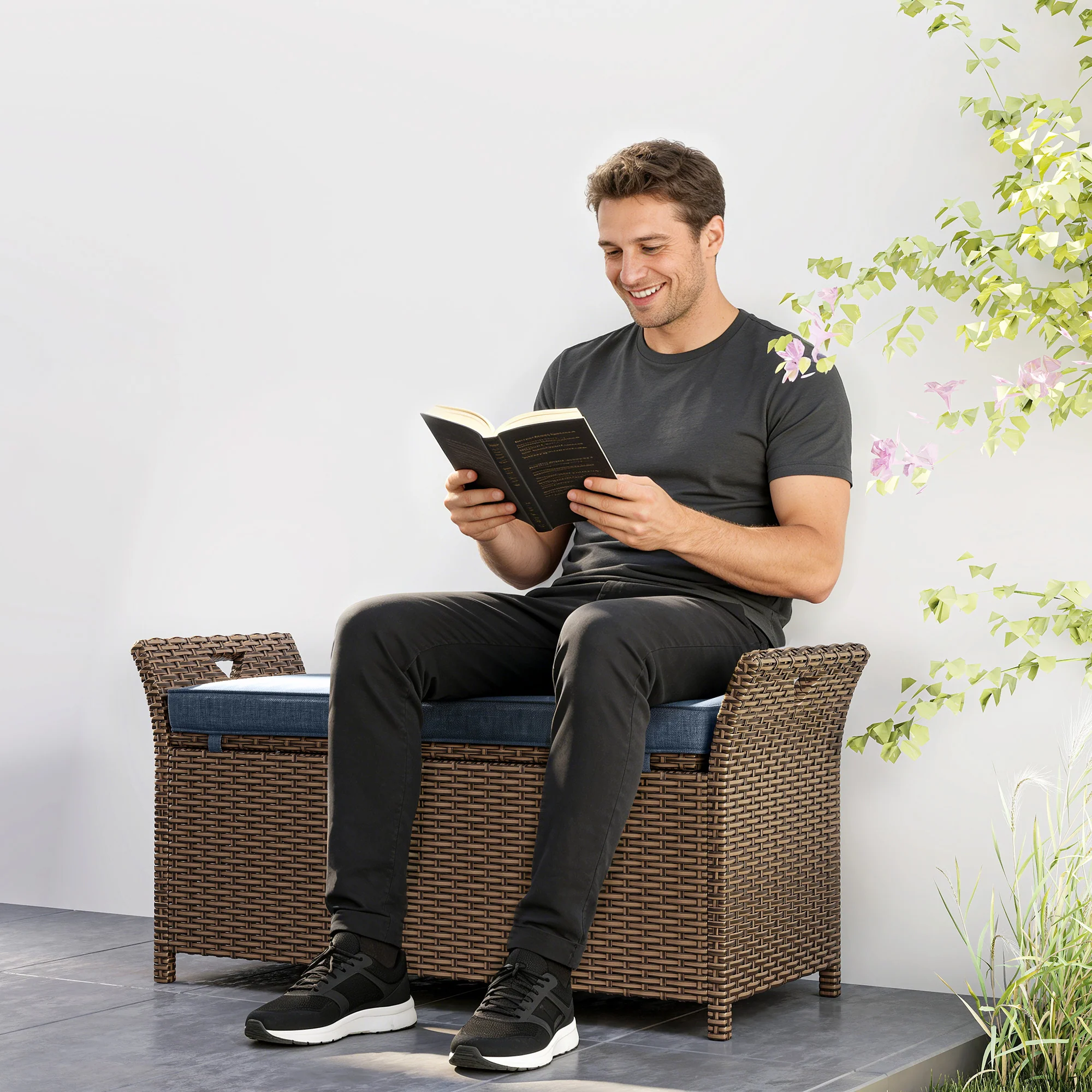 2-in-1 Patio Wicker Storage Bench, 29 Gallon with Cushion, Navy Blue - Image 4