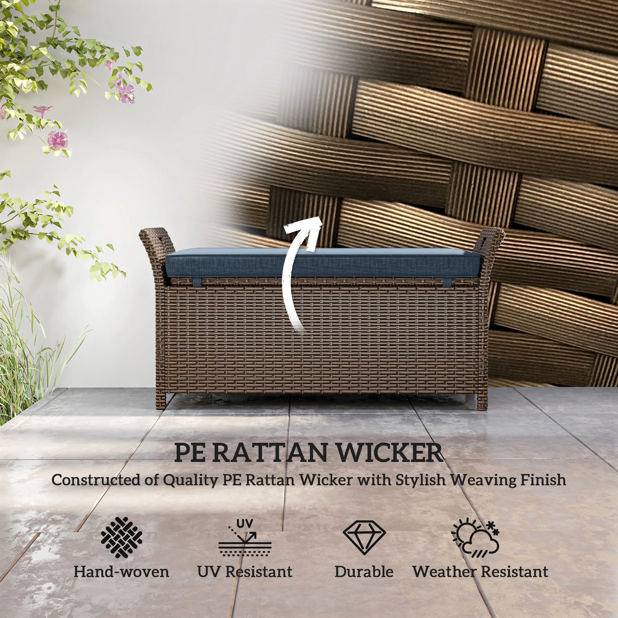 2-in-1 Patio Wicker Storage Bench, 29 Gallon with Cushion, Navy Blue - Image 6
