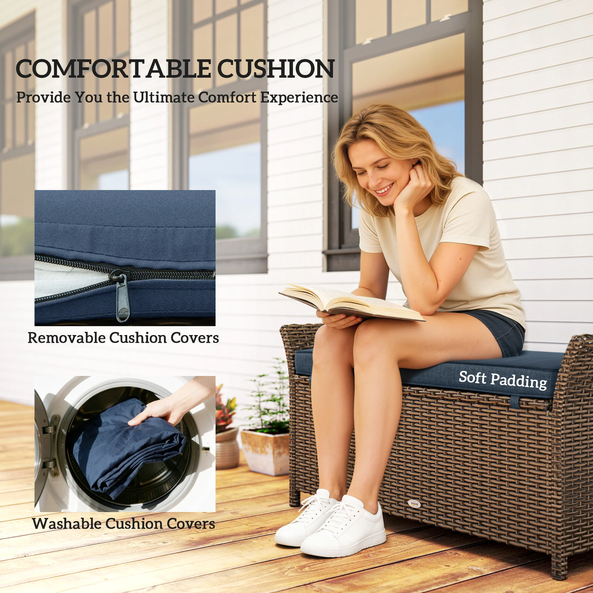 2-in-1 Patio Wicker Storage Bench, 29 Gallon with Cushion, Navy Blue - Image 7