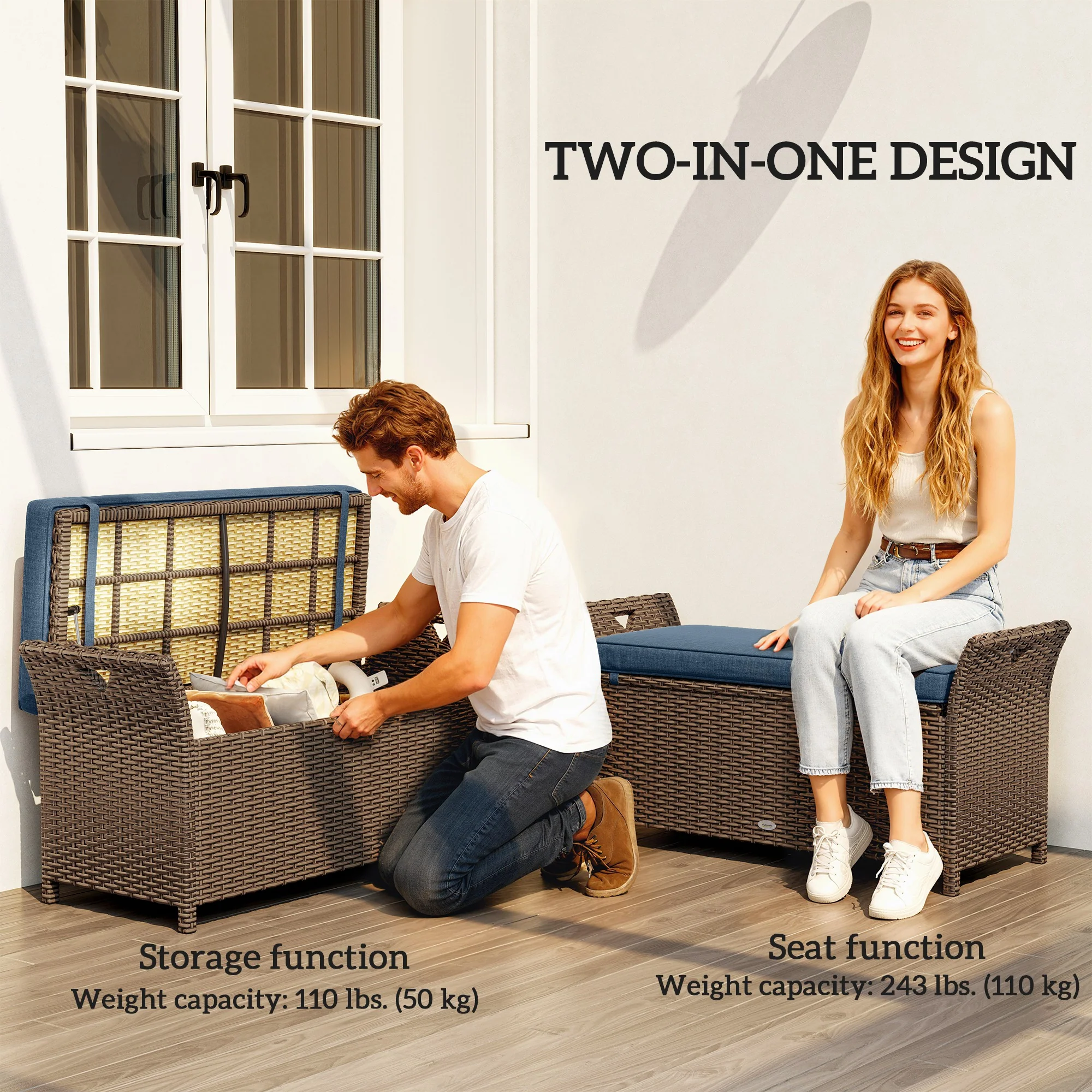 2-in-1 Patio Wicker Storage Bench, 29 Gallon with Cushion, Navy Blue - Image 8