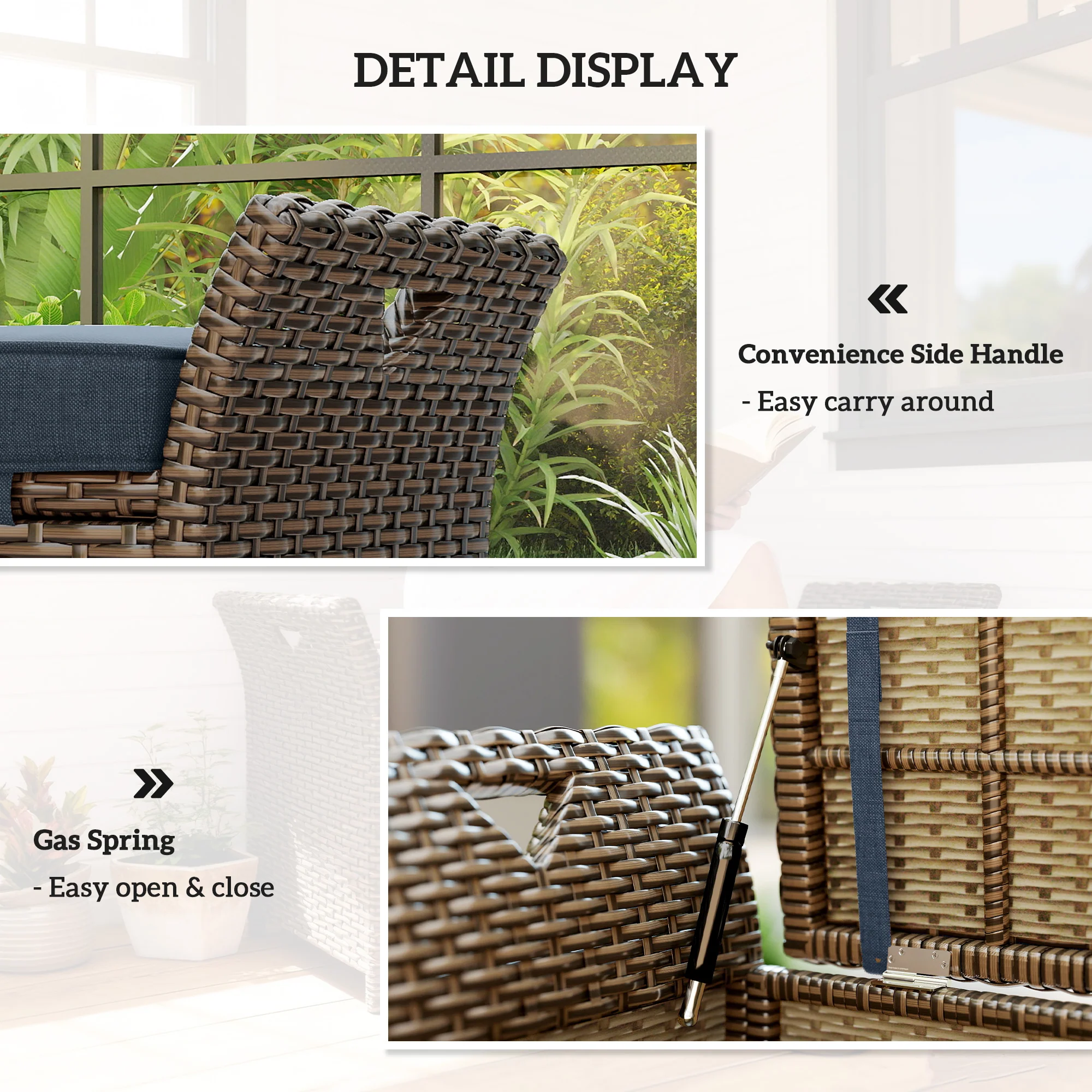 2-in-1 Patio Wicker Storage Bench, 29 Gallon with Cushion, Navy Blue - Image 9