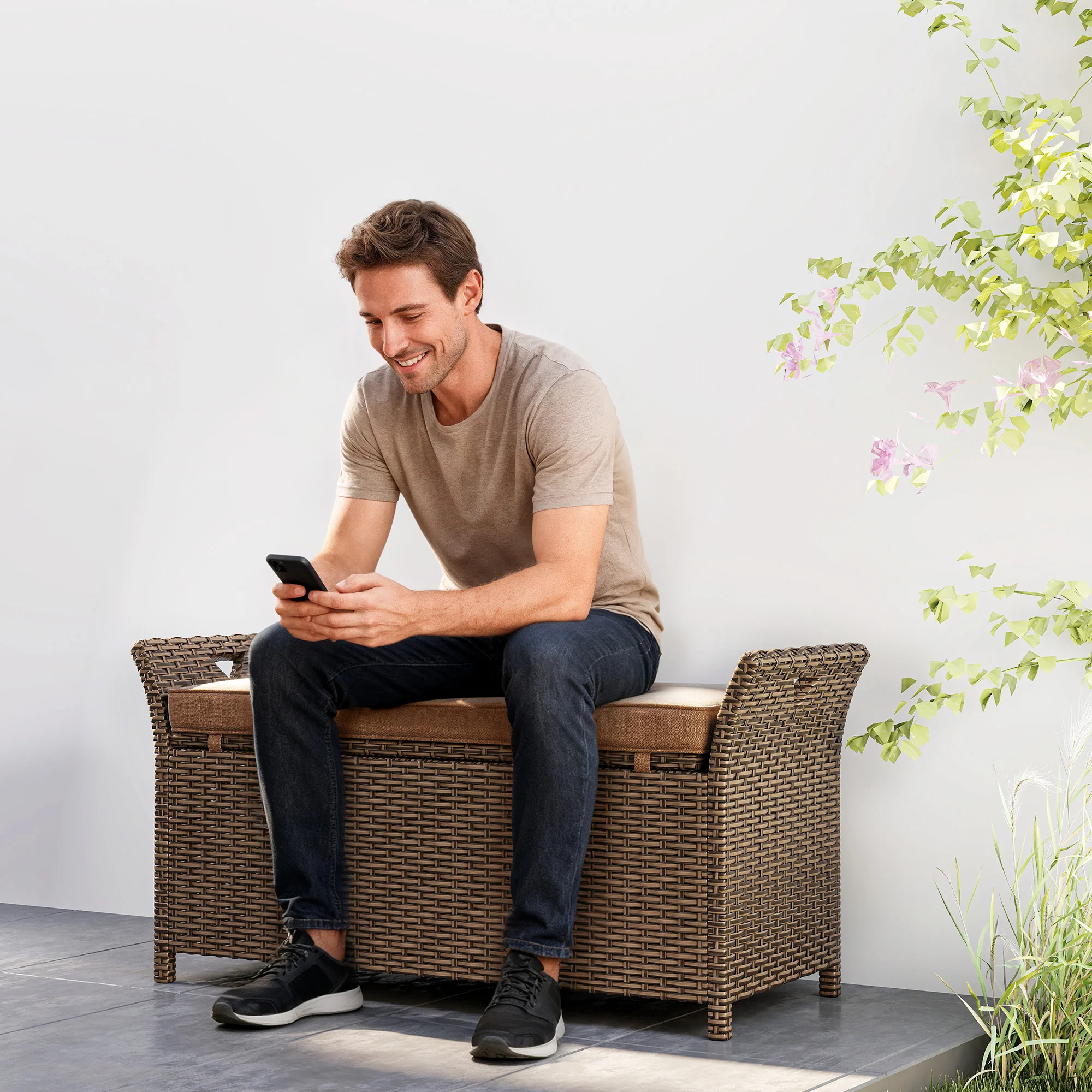2-in-1 Patio Wicker Storage Bench, 29 Gallon with Cushion, Tan - Image 4
