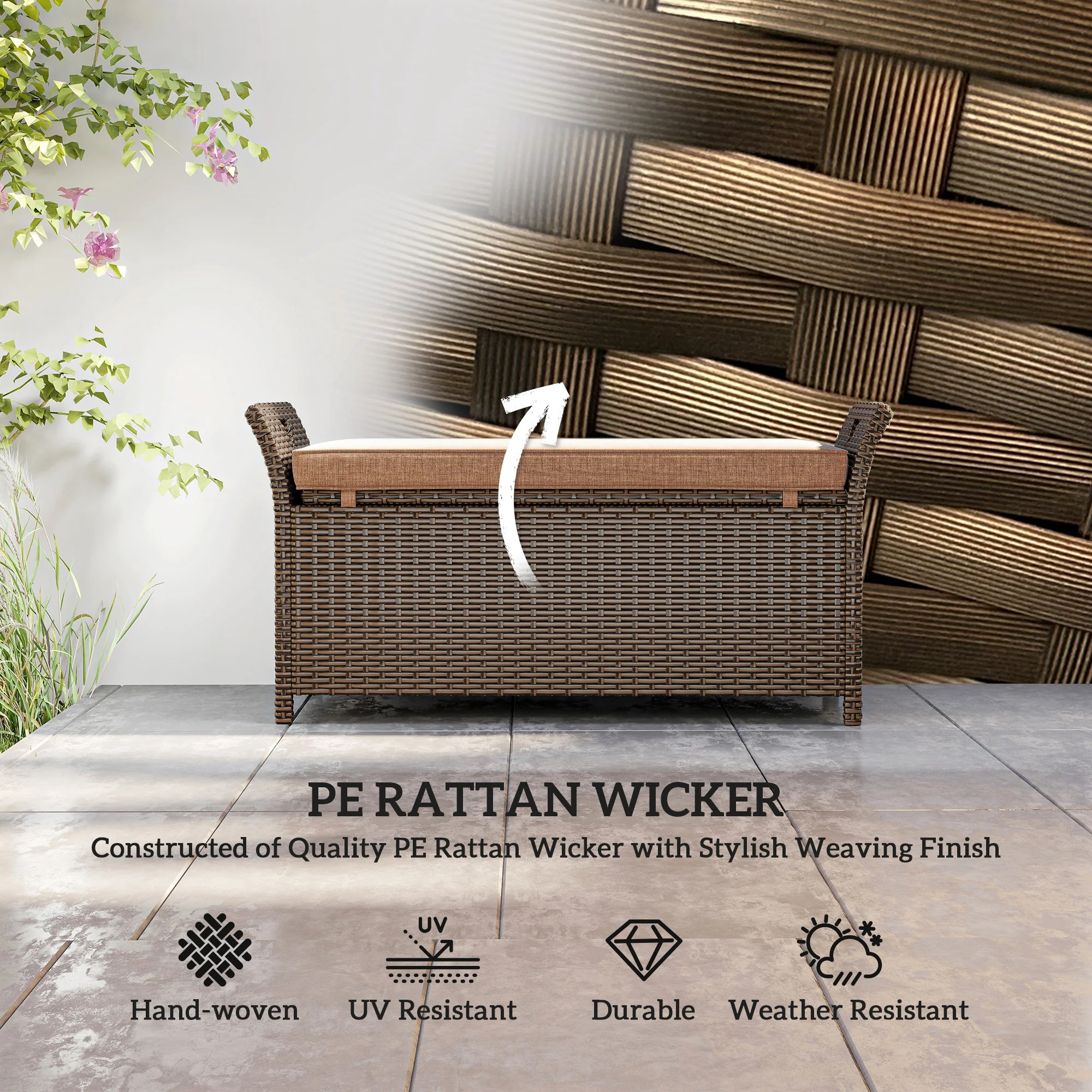 2-in-1 Patio Wicker Storage Bench, 29 Gallon with Cushion, Tan - Image 6