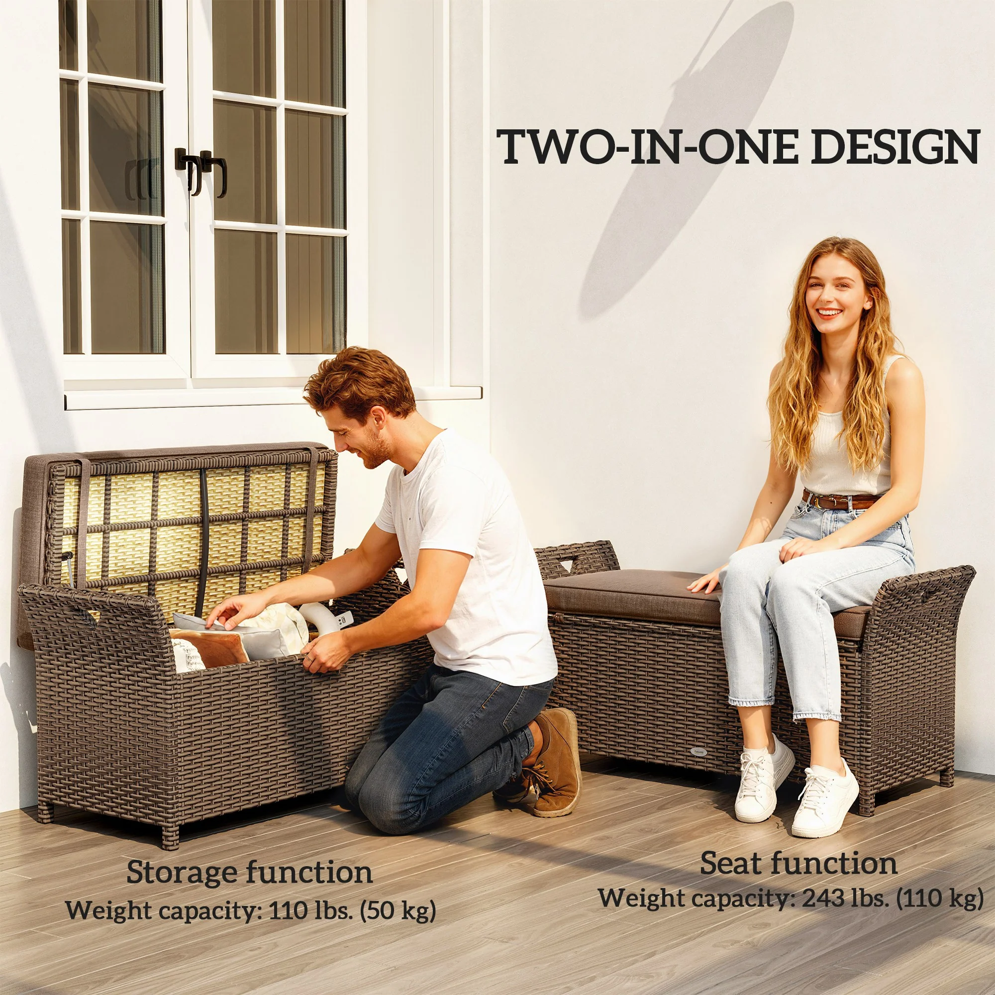 2-in-1 Patio Wicker Storage Bench, 29 Gallon with Cushion, Tan - Image 8