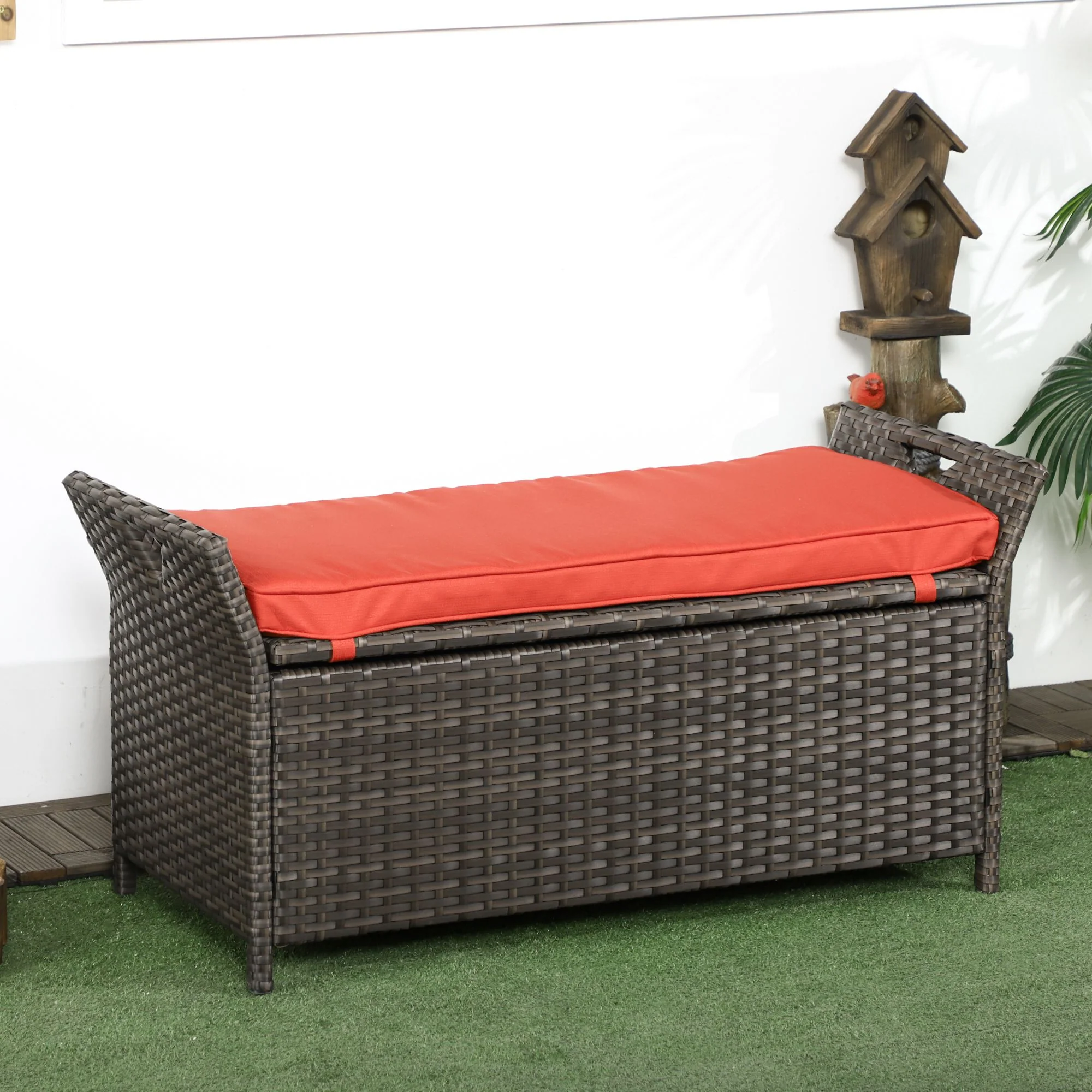 2-In-1 PE Rattan Storage Bench, 29 Gallon Wicker Basket Box w/ Handles & Cushion, Red - Image 3