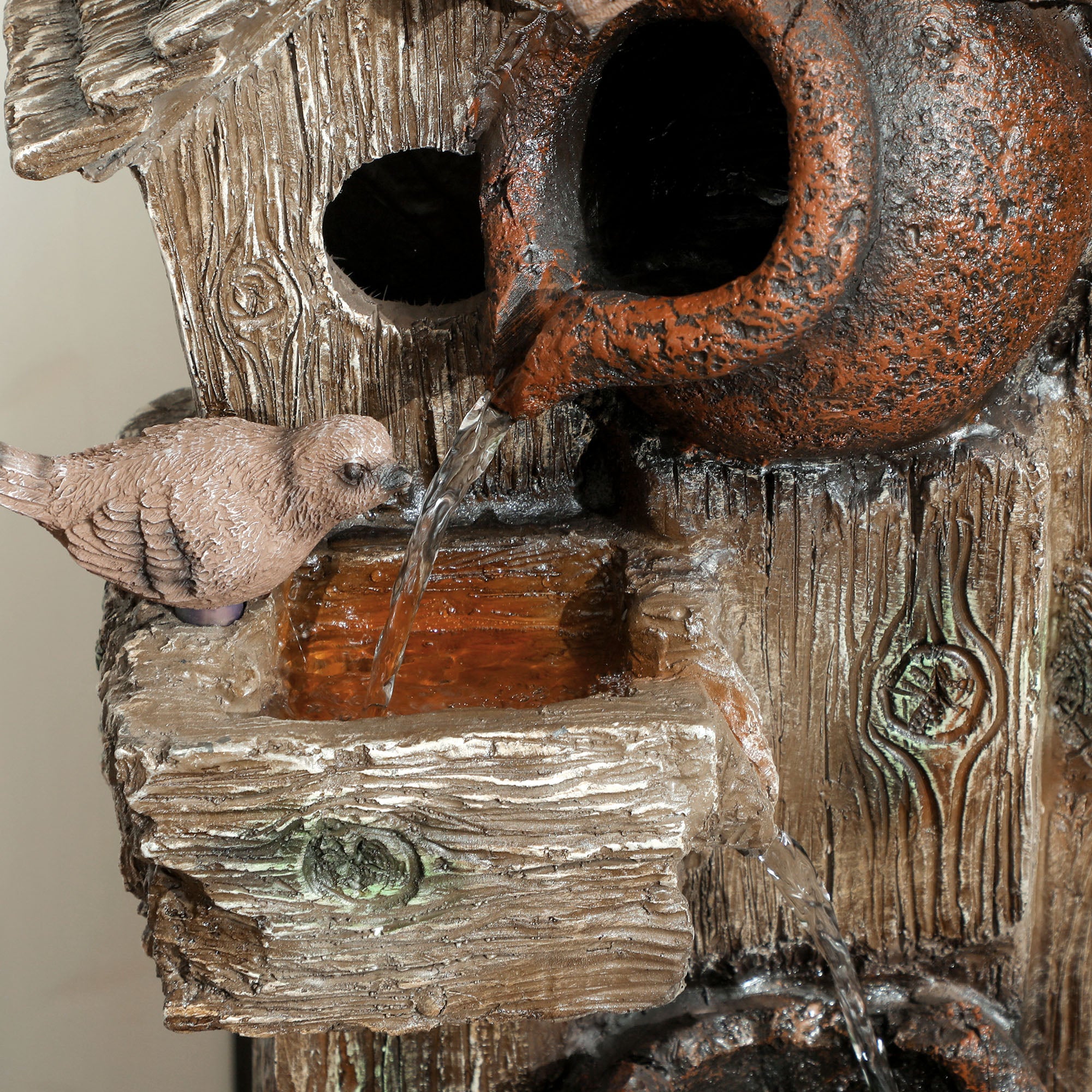 2-in-1 Resin Garden Water Fountain with Birdhouse, LED Lights & Tree Trunk Design, Multi-colour - Image 11