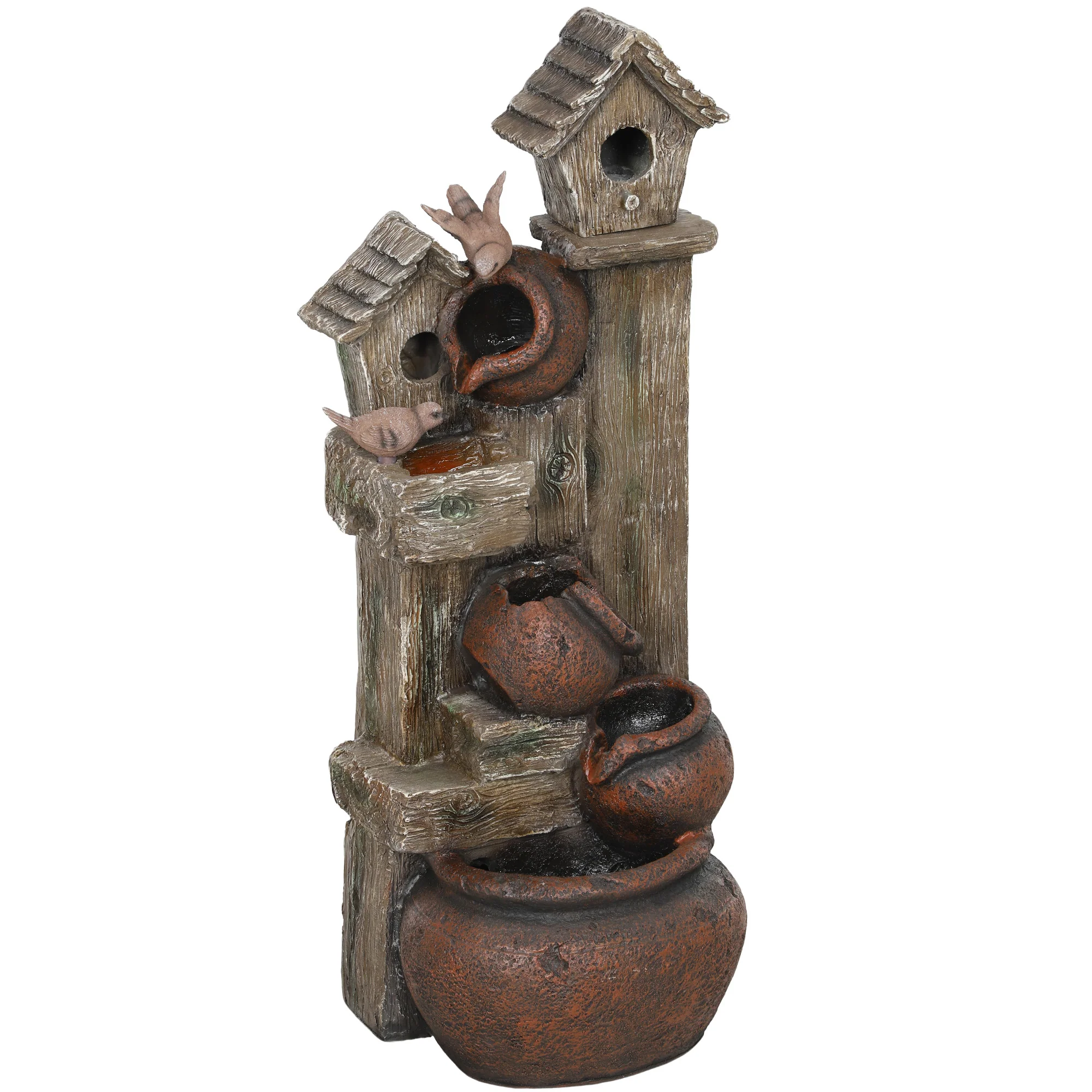 2-in-1 Resin Garden Water Fountain with Birdhouse, LED Lights & Tree Trunk Design, Multi-colour - Image 12