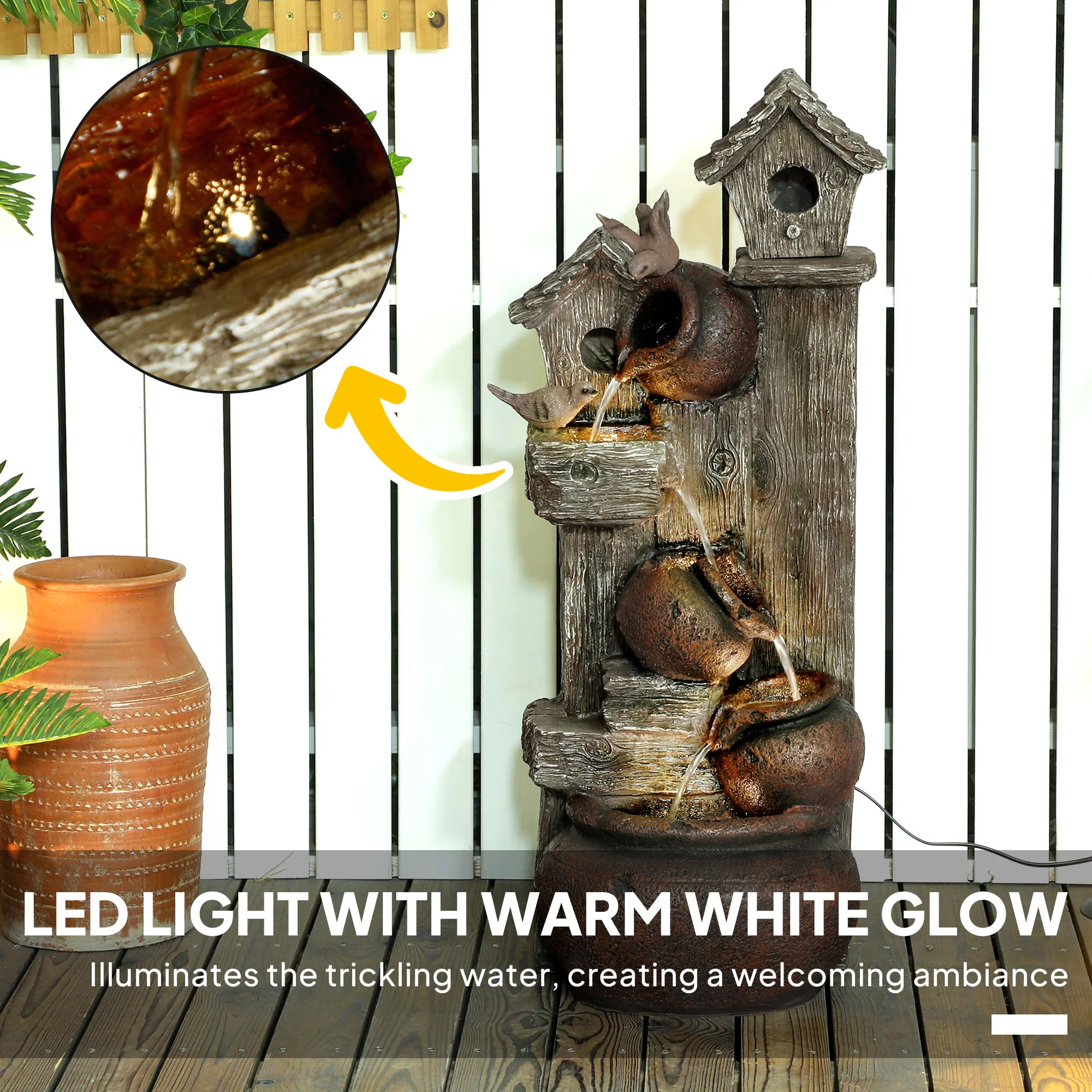 2-in-1 Resin Garden Water Fountain with Birdhouse, LED Lights & Tree Trunk Design, Multi-colour - Image 7