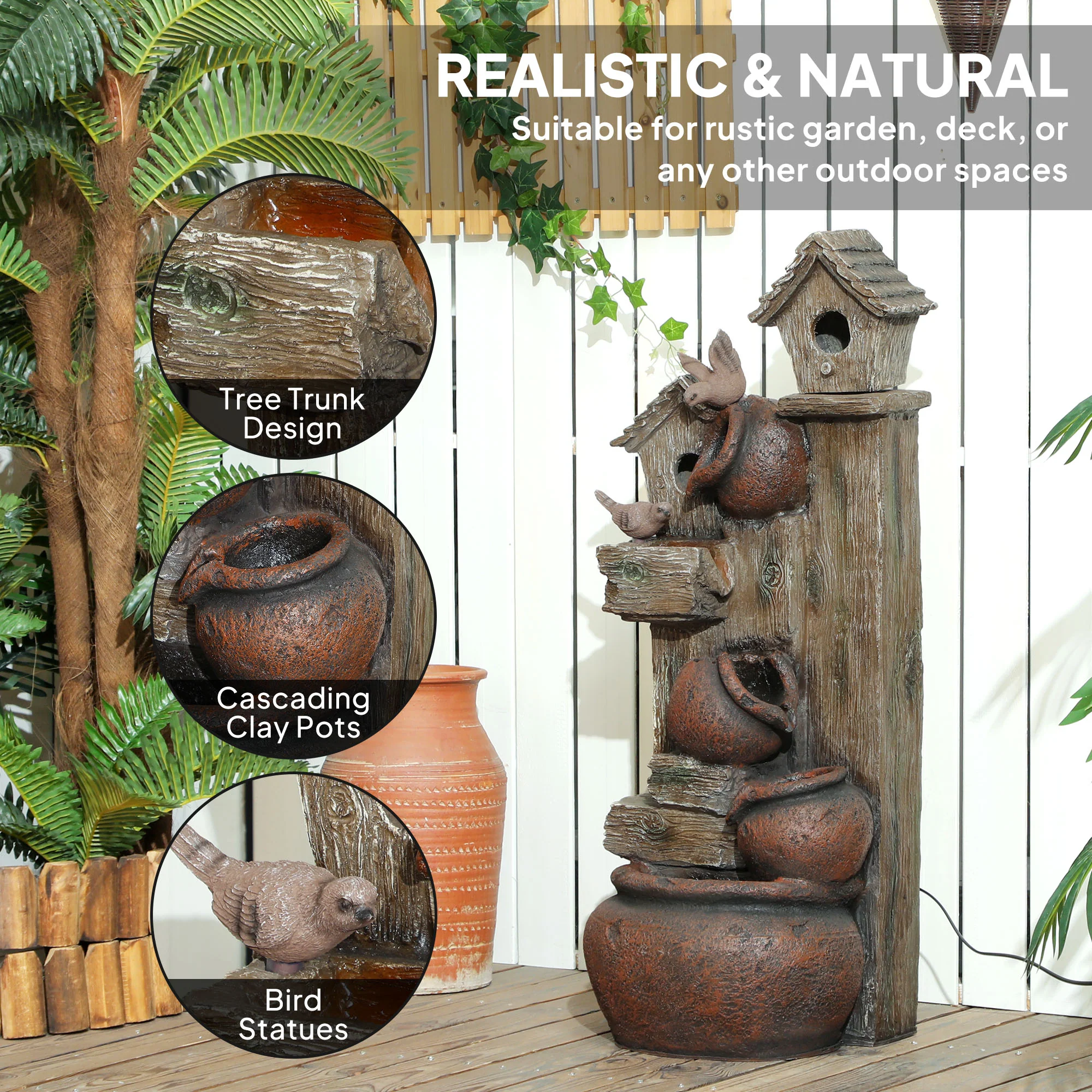2-in-1 Resin Garden Water Fountain with Birdhouse, LED Lights & Tree Trunk Design, Multi-colour - Image 9