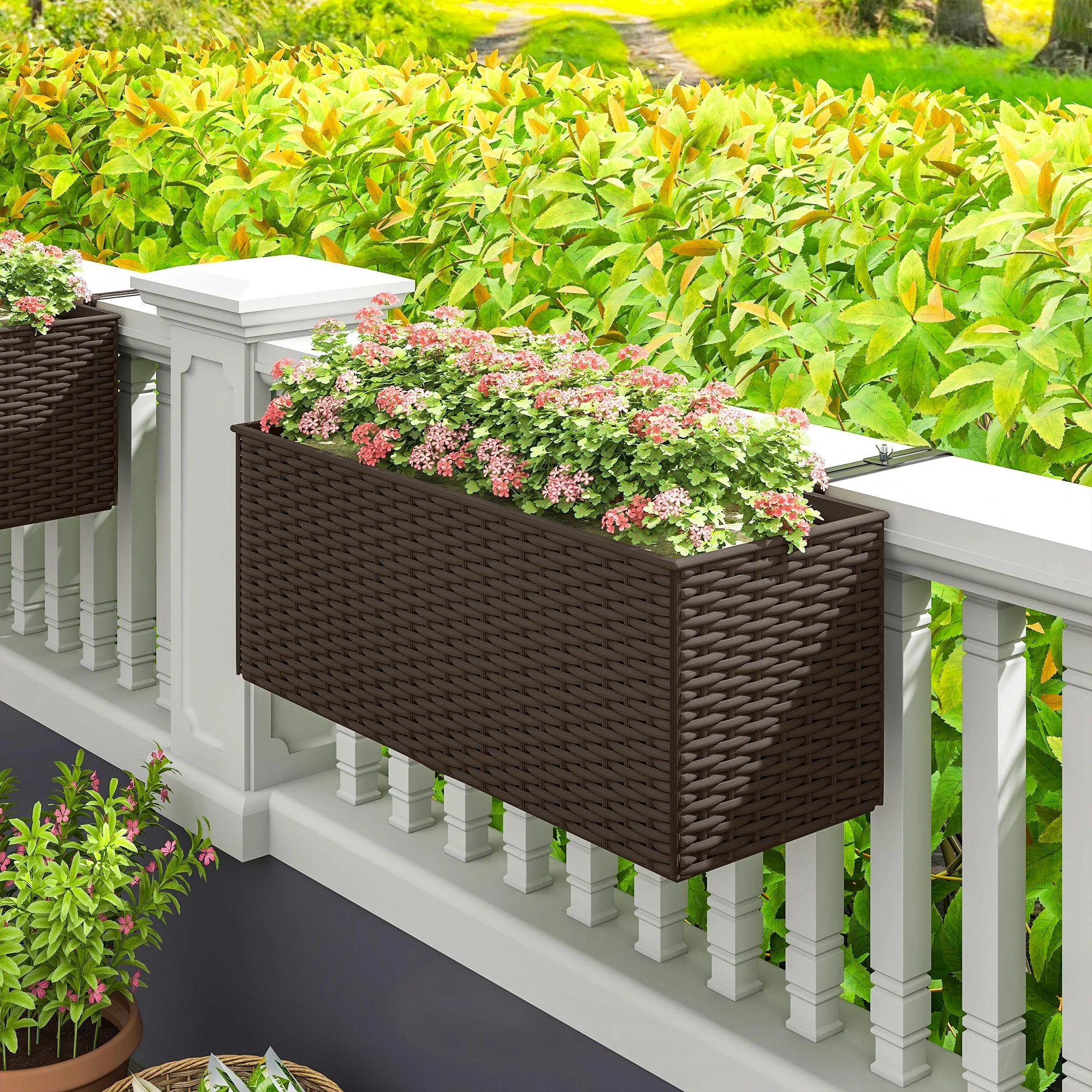 2 Pack 20" Railing Planter Boxes with Hooks and Drainage, Brown - Image 10