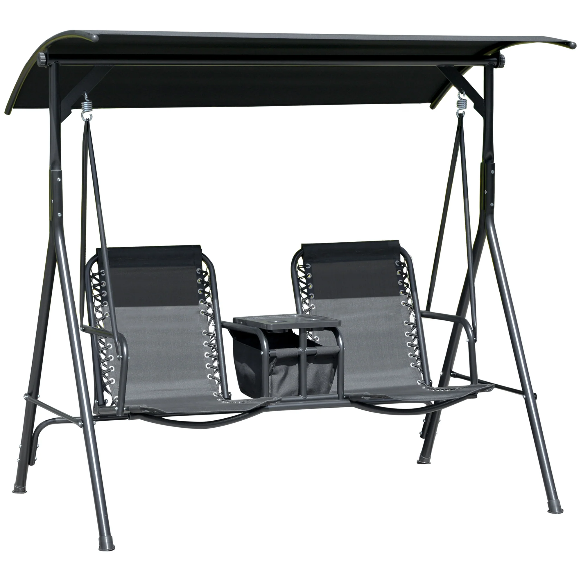 2 Person Porch Swing with Pivot Table, Cup Holder and Canopy, Black - Image 12