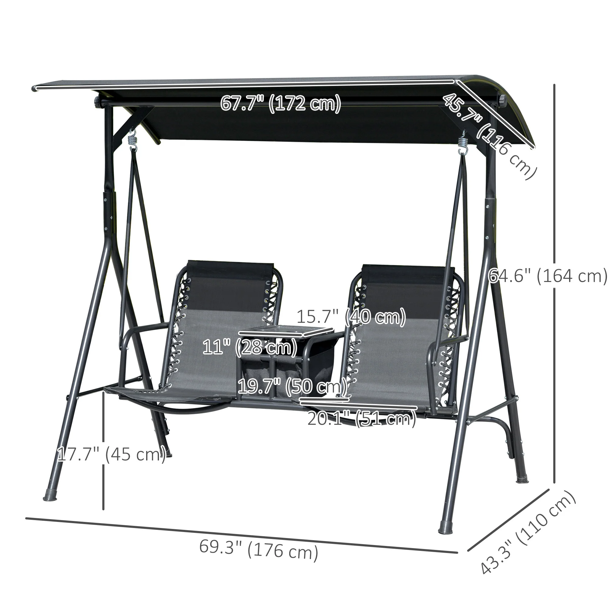 2 Person Porch Swing with Pivot Table, Cup Holder and Canopy, Black - Image 5