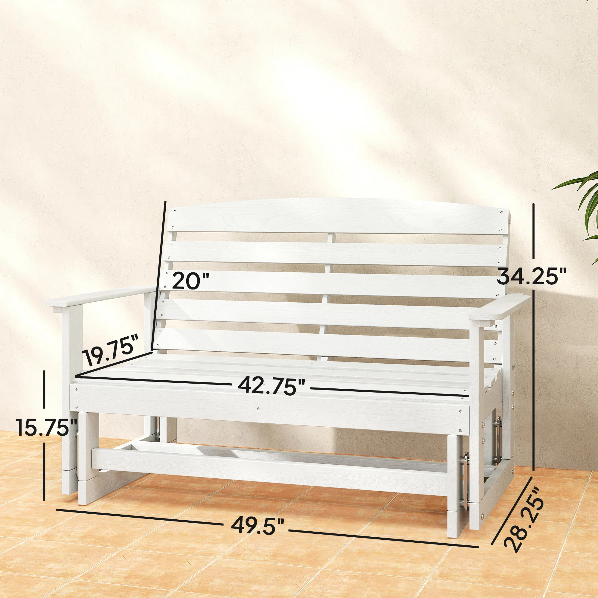 2-Person Outdoor Glider Bench w/ Slatted HDPE Frame for Backyard Garden Porch, Distressed White - Image 5