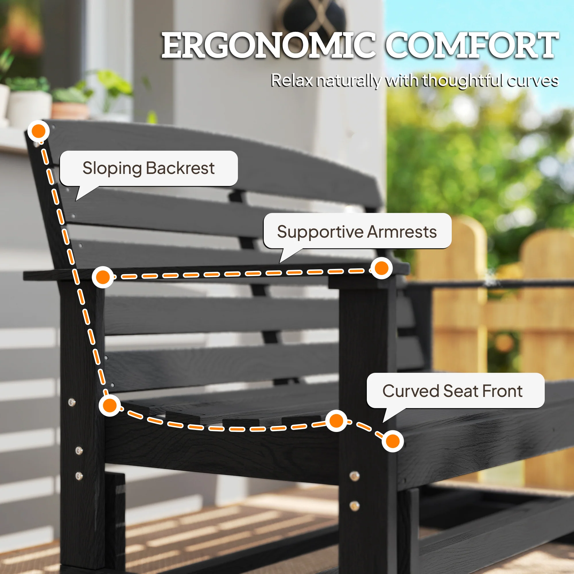 2-Person Patio Double Swing Rocking Chair Loveseat w/ Slatted HDPE Frame, Distressed Black - Image 10