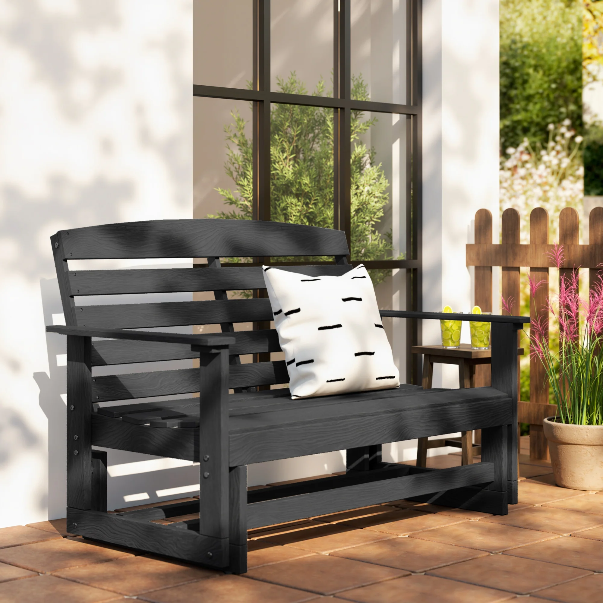 2-Person Patio Double Swing Rocking Chair Loveseat w/ Slatted HDPE Frame, Distressed Black - Image 11
