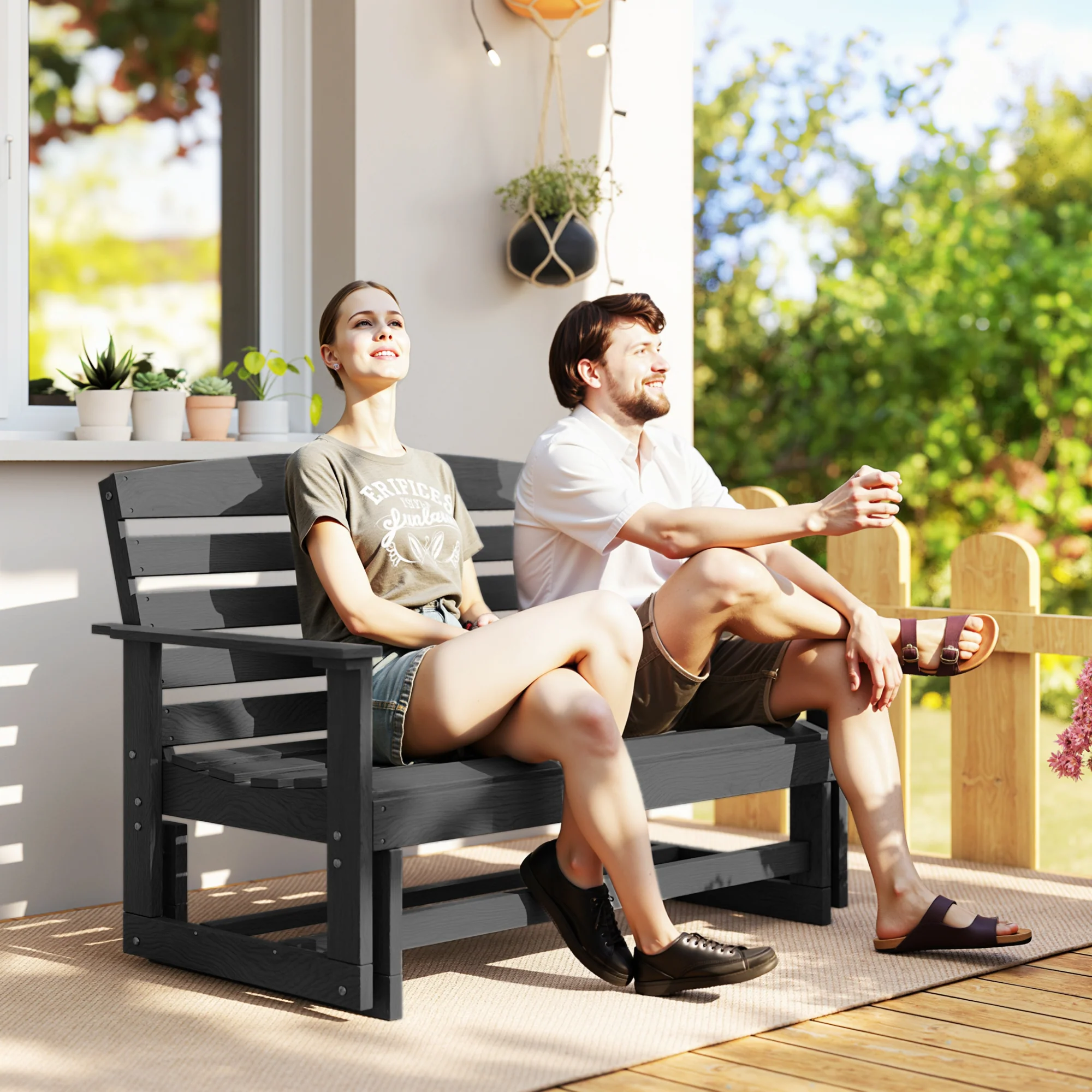 2-Person Patio Double Swing Rocking Chair Loveseat w/ Slatted HDPE Frame, Distressed Black - Image 3