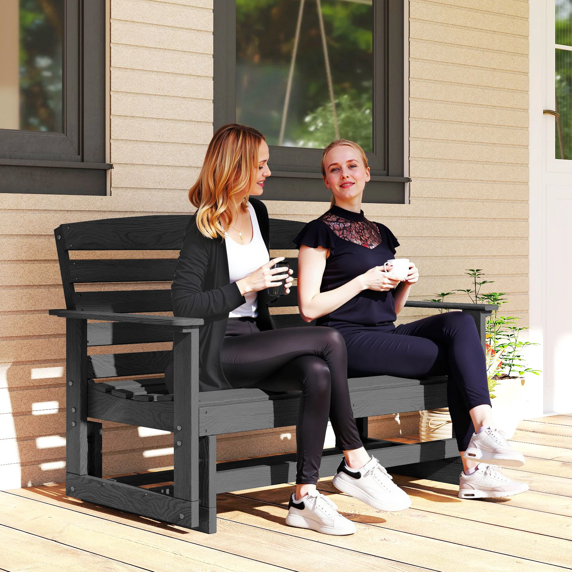 2-Person Patio Double Swing Rocking Chair Loveseat w/ Slatted HDPE Frame, Distressed Black - Image 4