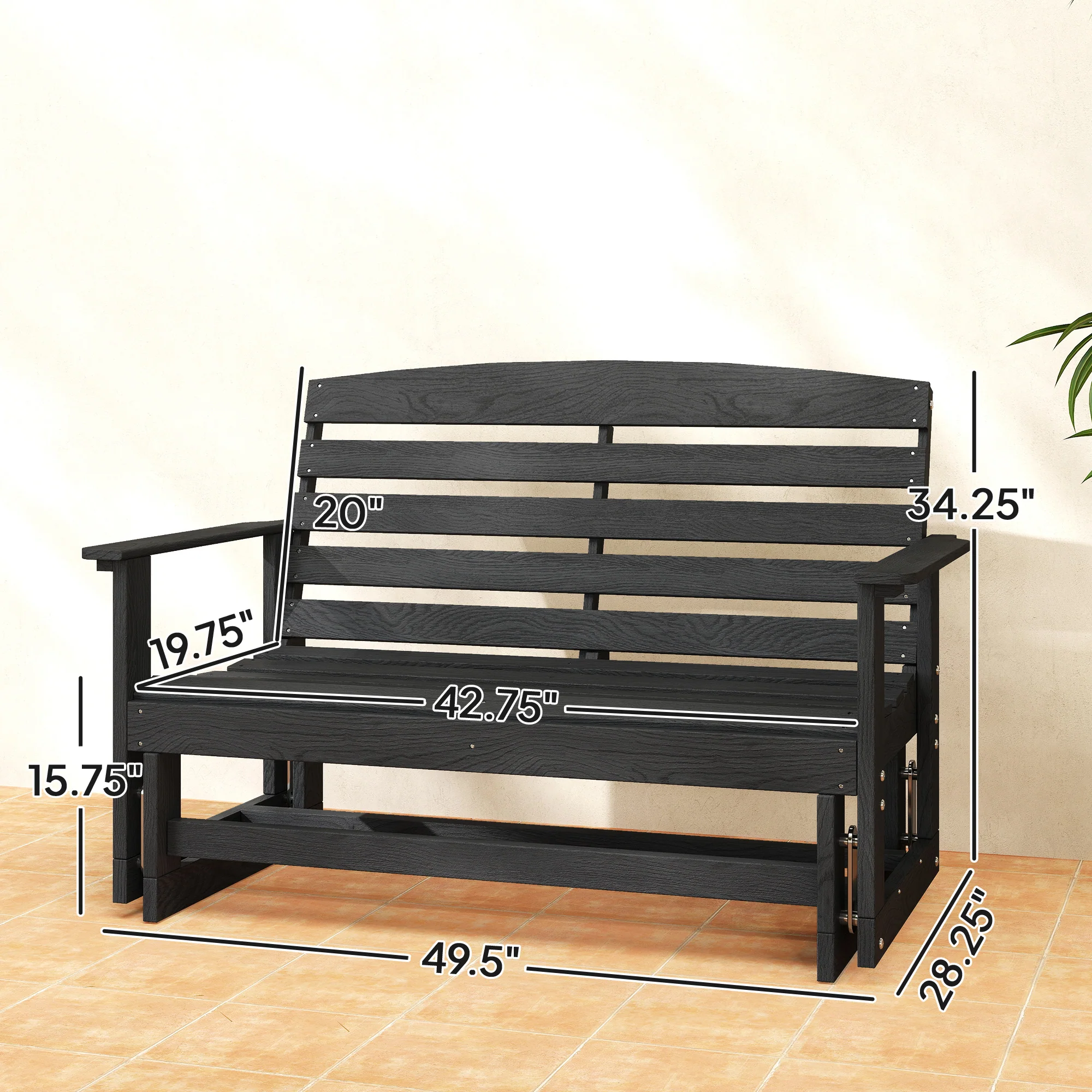 2-Person Patio Double Swing Rocking Chair Loveseat w/ Slatted HDPE Frame, Distressed Black - Image 5