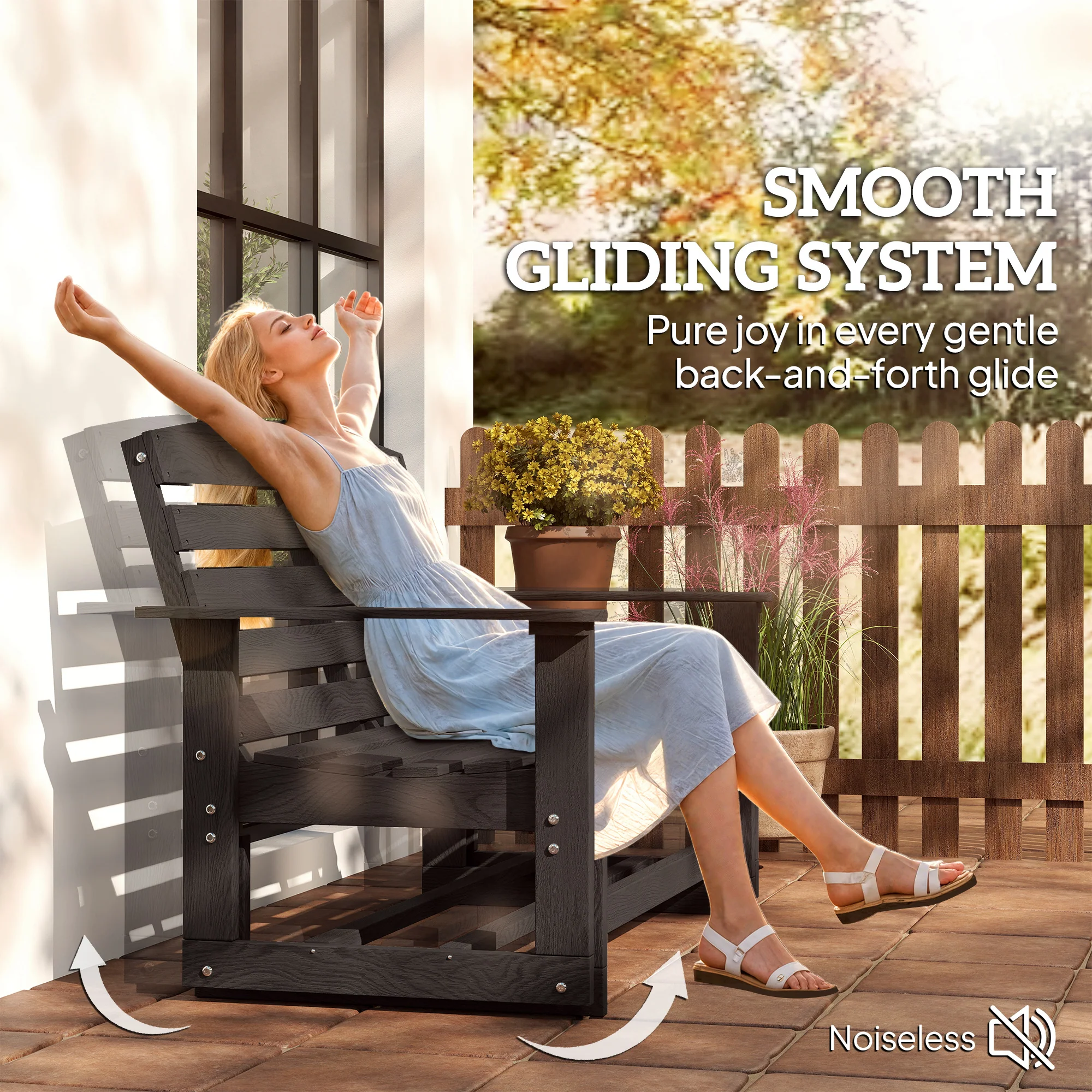 2-Person Patio Double Swing Rocking Chair Loveseat w/ Slatted HDPE Frame, Distressed Black - Image 6